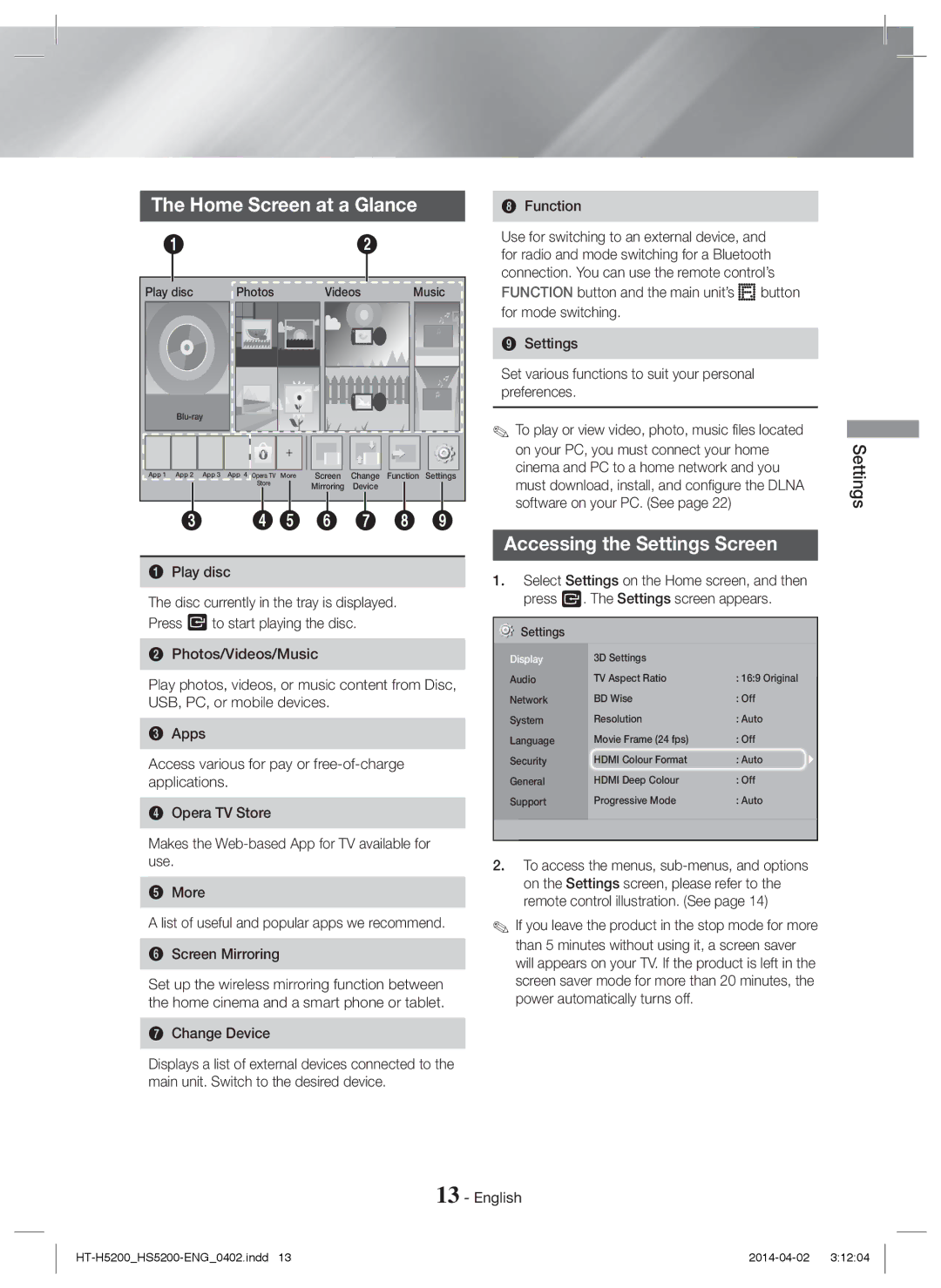 Samsung HT-HS5200/XN, HT-HS5200/EN, HT-H5200/EN, HT-HS5200/ZF manual Home Screen at a Glance, Accessing the Settings Screen 