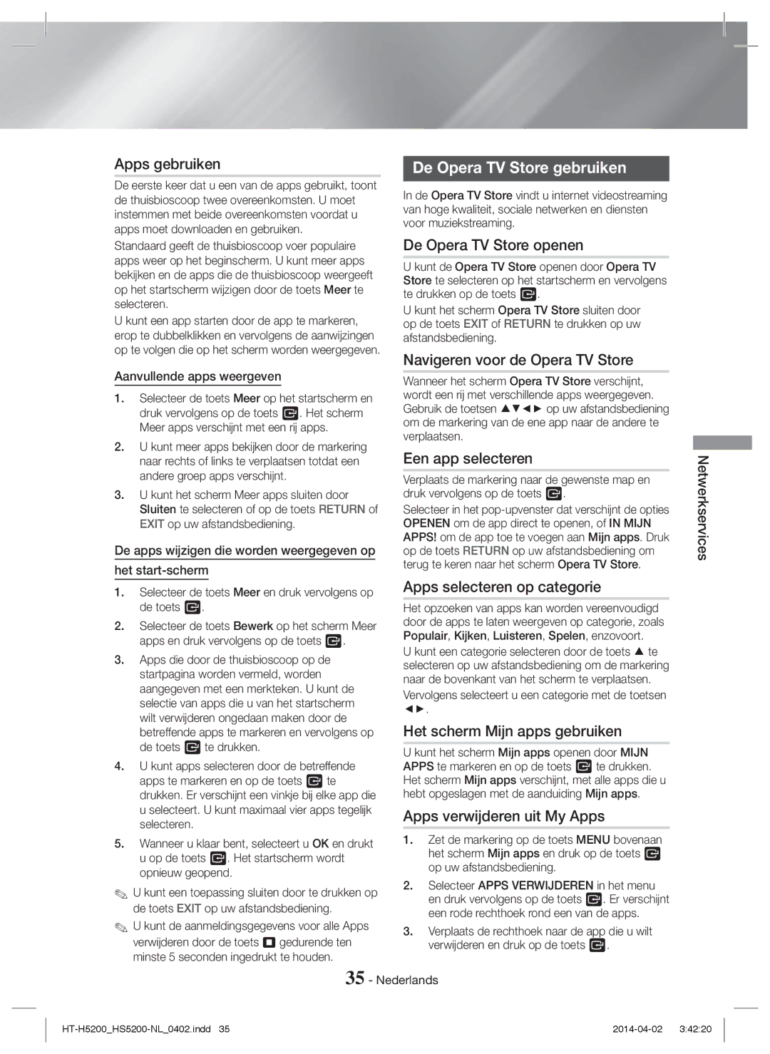 Samsung HT-H5200/ZF, HT-HS5200/EN, HT-H5200/EN, HT-HS5200/ZF, HT-H5200/XU, HT-HS5200/XN manual De Opera TV Store gebruiken 