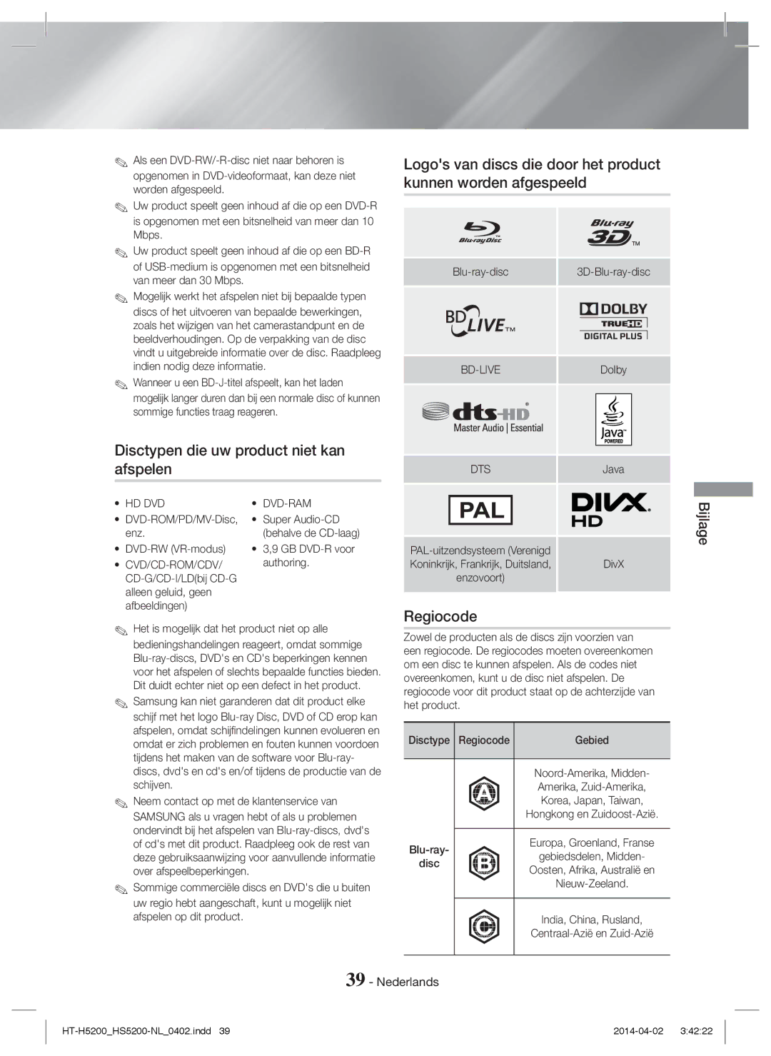 Samsung HT-H5200/XE, HT-HS5200/EN, HT-H5200/EN, HT-HS5200/ZF manual Disctypen die uw product niet kan afspelen, Regiocode 