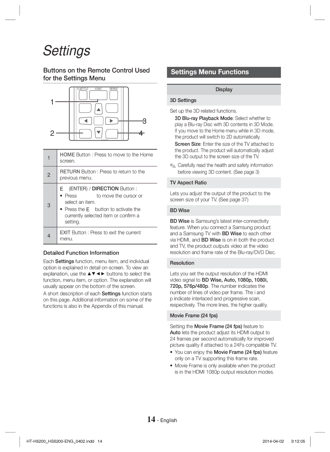 Samsung HT-H5200/XN, HT-HS5200/EN manual Buttons on the Remote Control Used for the Settings Menu, Settings Menu Functions 