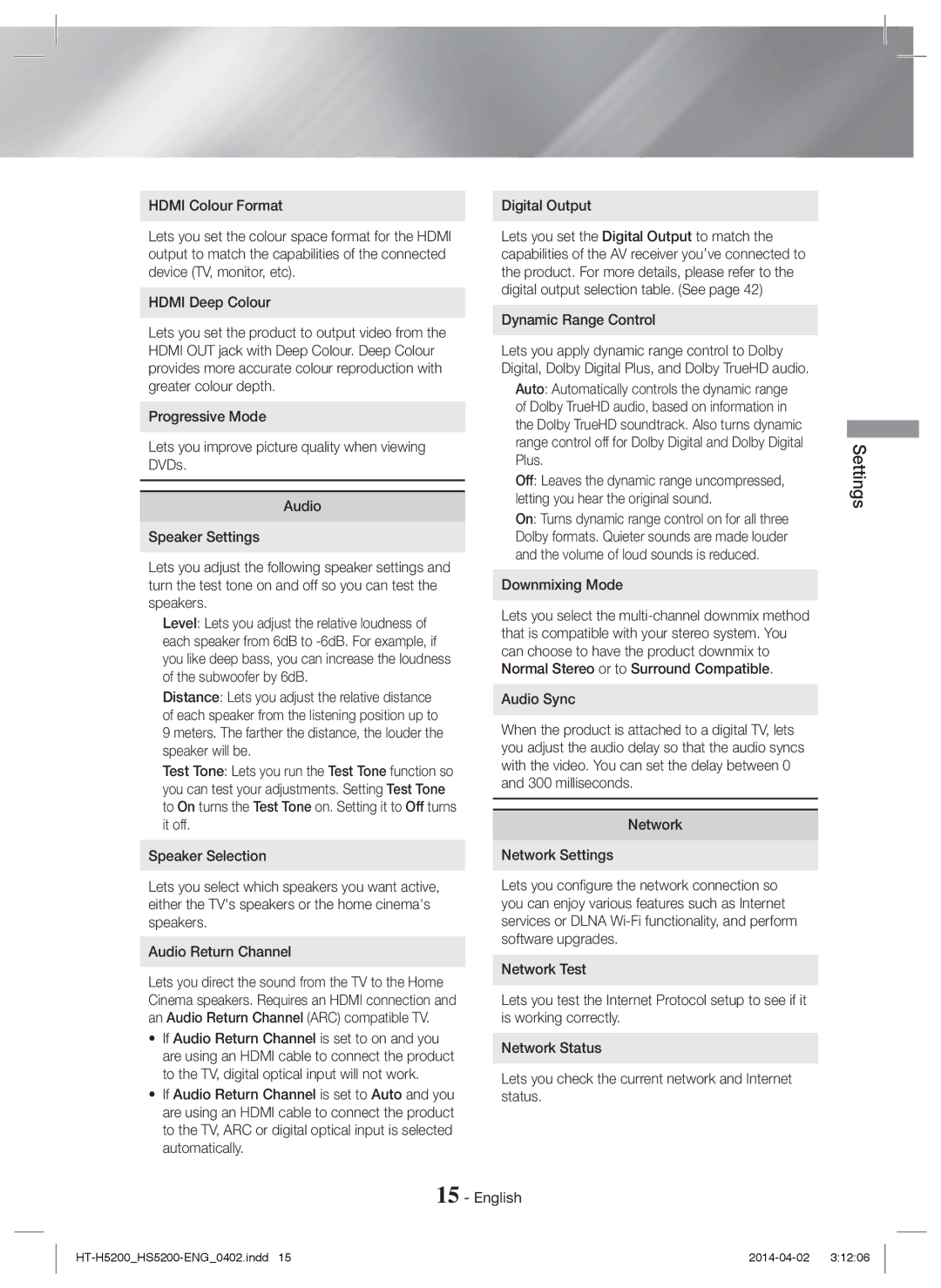 Samsung HT-H5200/XE, HT-HS5200/EN, HT-H5200/EN, HT-HS5200/ZF, HT-H5200/ZF, HT-H5200/XU Dynamic Range Control, Downmixing Mode 