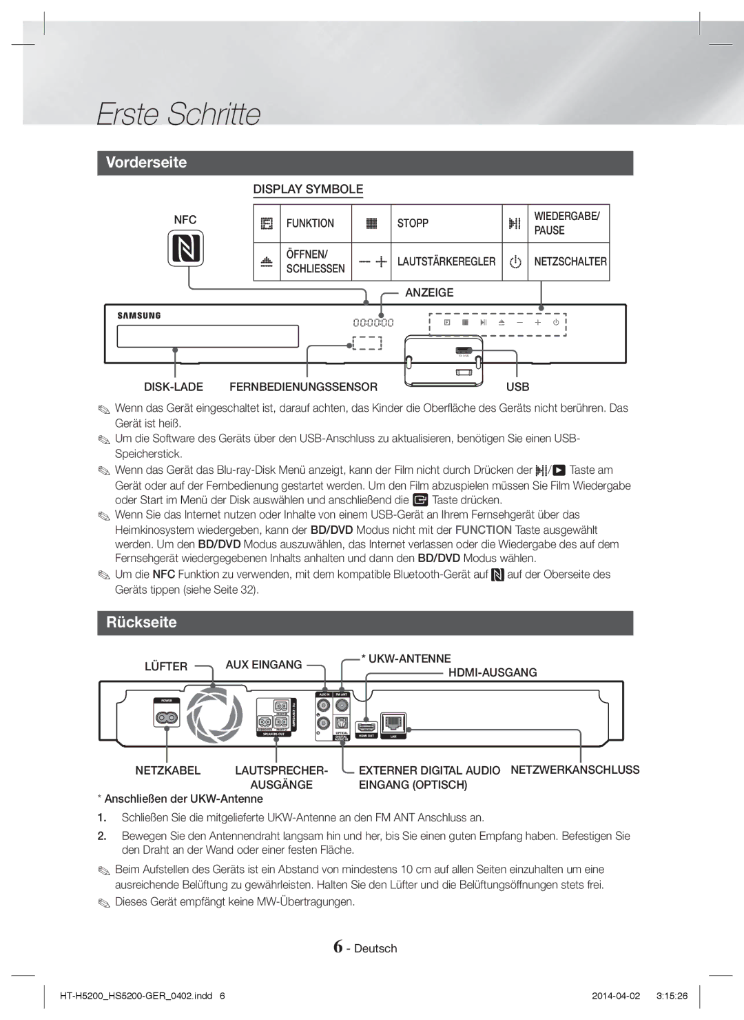 Samsung HT-H5200/XN, HT-HS5200/EN, HT-H5200/EN, HT-HS5200/ZF, HT-H5200/ZF, HT-H5200/XU, HT-HS5200/XN Vorderseite, Rückseite 