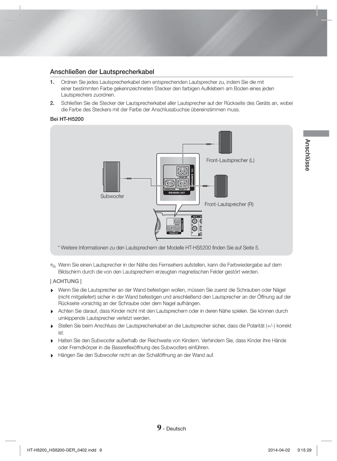 Samsung HT-H5200/EN, HT-HS5200/EN, HT-HS5200/ZF, HT-H5200/ZF, HT-H5200/XU manual Anschließen der Lautsprecherkabel, Anschlüsse 