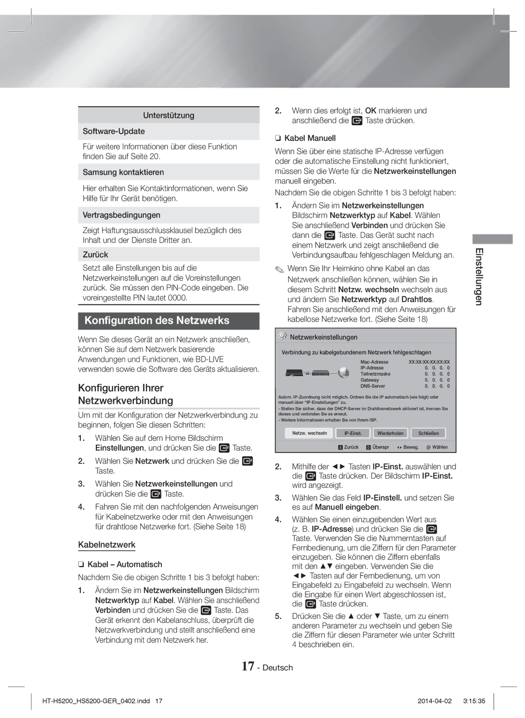 Samsung HT-H5200/EN manual Konfiguration des Netzwerks, Konfigurieren Ihrer Netzwerkverbindung, Kabelnetzwerk, Zurück 