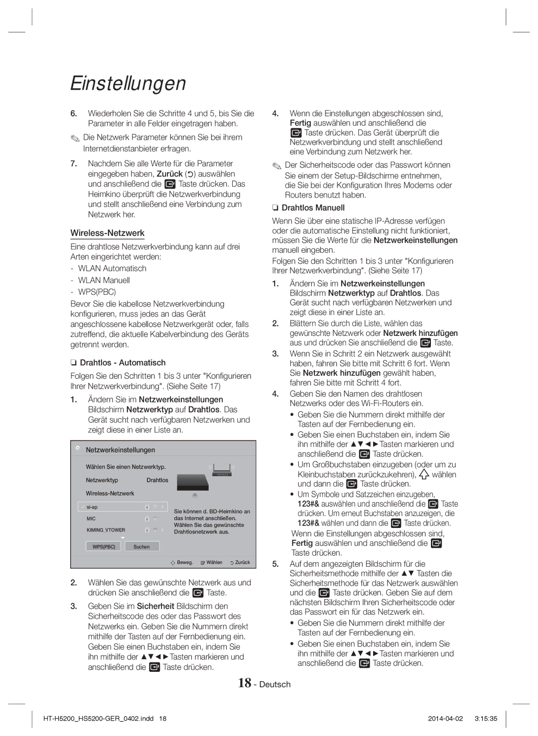 Samsung HT-HS5200/ZF, HT-HS5200/EN, HT-H5200/EN, HT-H5200/ZF, HT-H5200/XU, HT-HS5200/XN, HT-H5200/XN manual Wireless-Netzwerk 