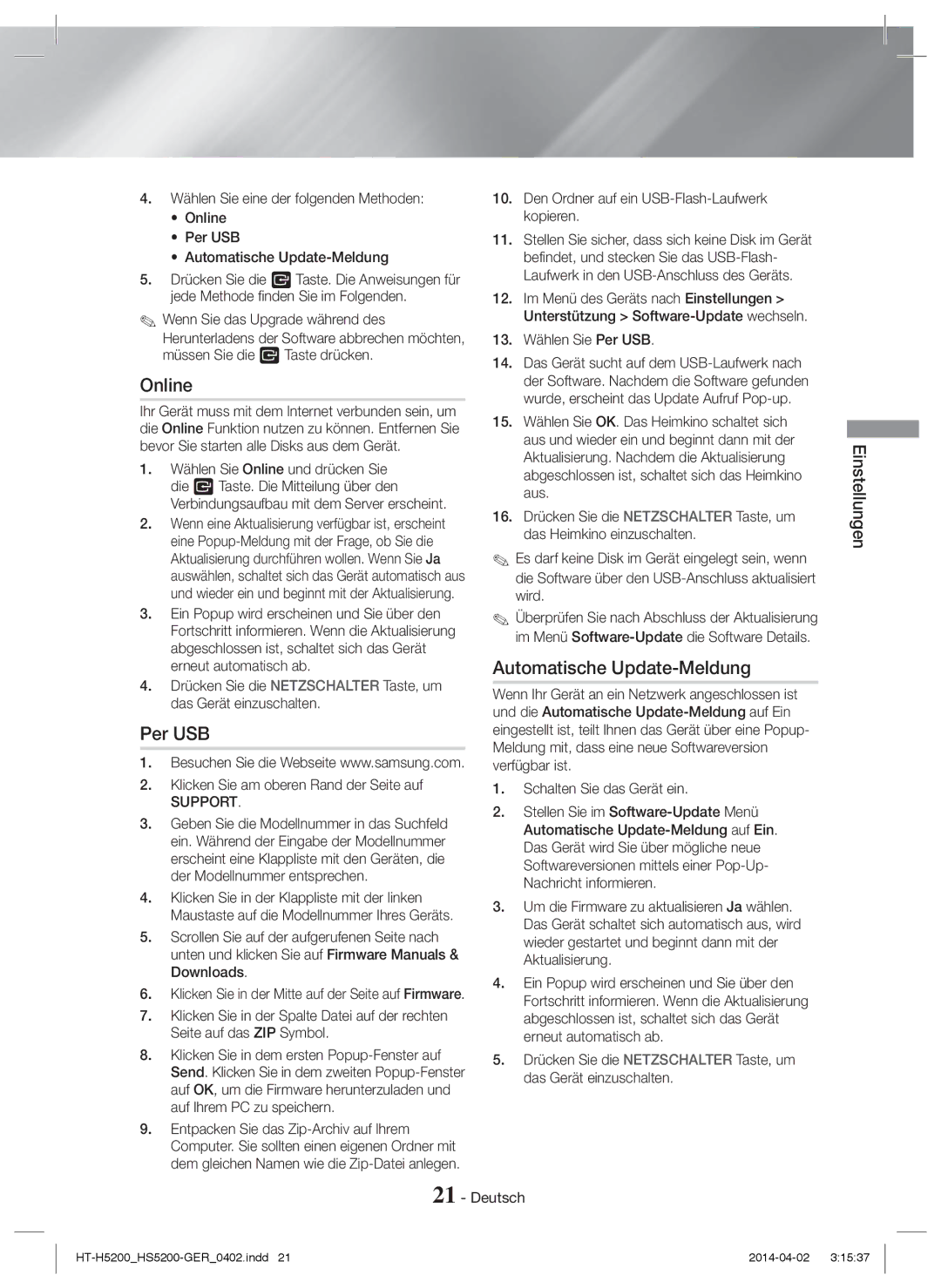 Samsung HT-HS5200/XN, HT-HS5200/EN, HT-H5200/EN, HT-HS5200/ZF, HT-H5200/ZF manual Per USB, Automatische Update-Meldung, Support 