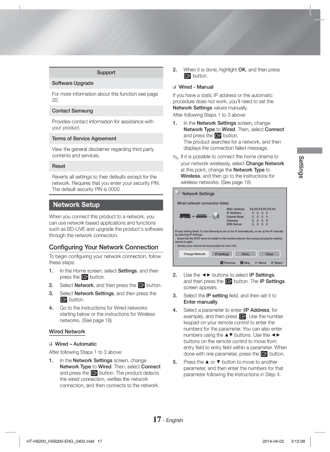 Samsung HT-H5200/EN, HT-HS5200/EN, HT-HS5200/ZF manual Network Setup, Configuring Your Network Connection, Wired Network 