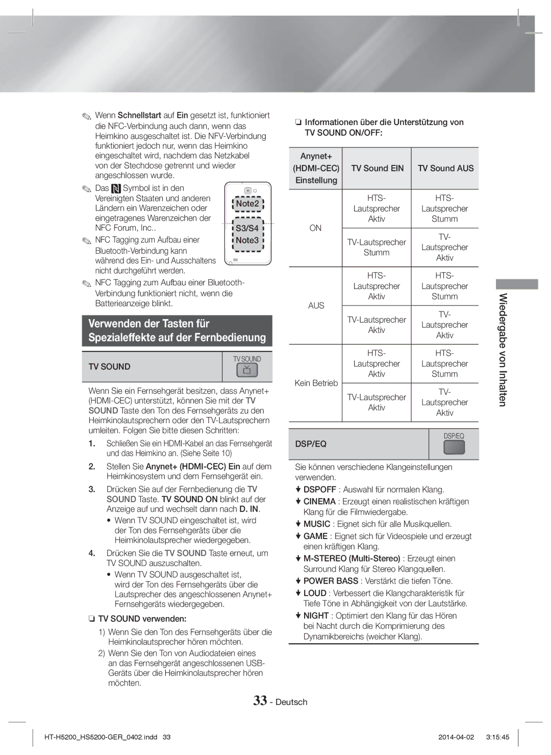 Samsung HT-H5200/EN, HT-HS5200/EN, HT-HS5200/ZF, HT-H5200/ZF, HT-H5200/XU manual Verwenden der Tasten für, TV Sound ON/OFF 