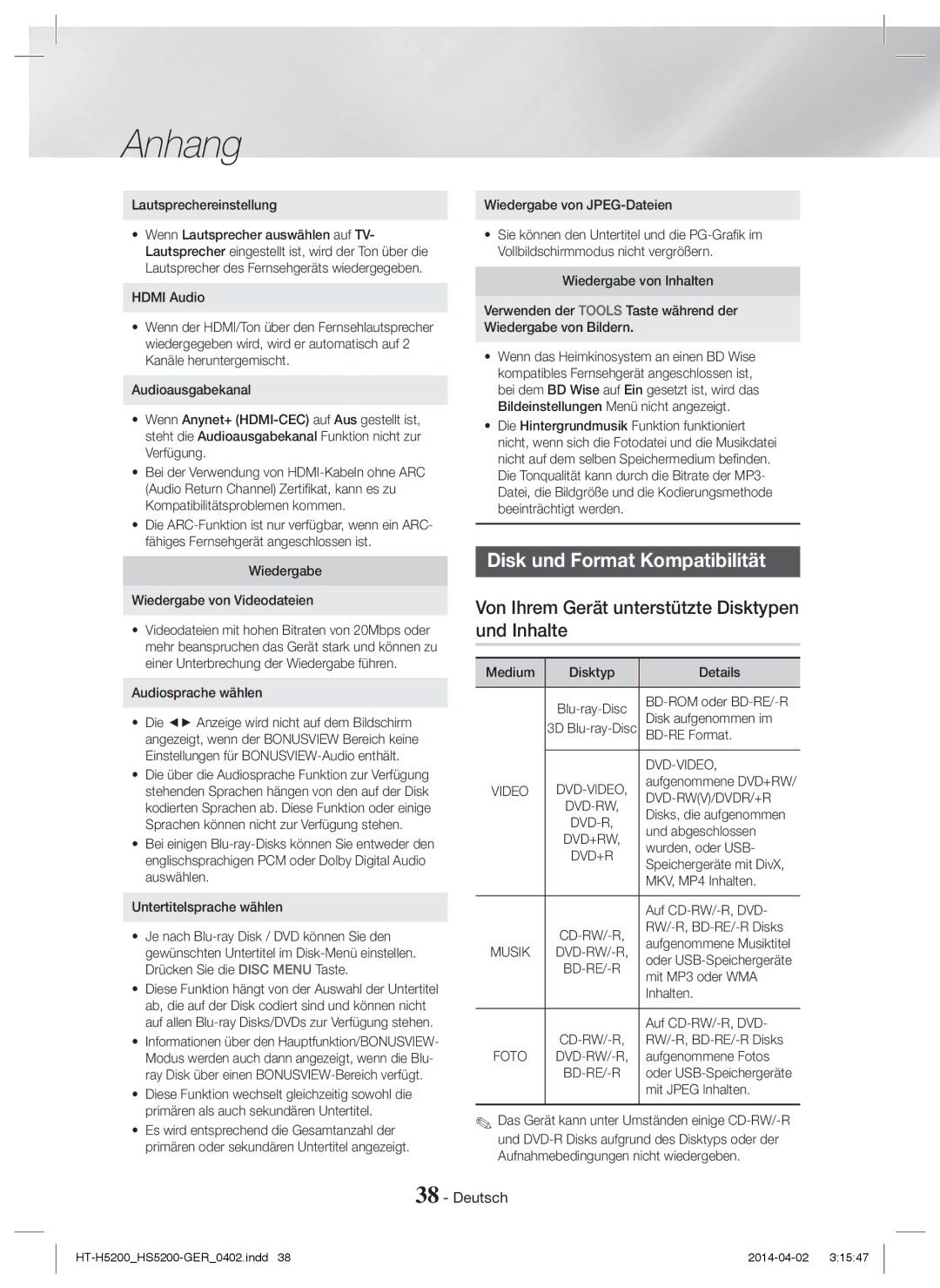 Samsung HT-H5200/XN manual Disk und Format Kompatibilität, Von Ihrem Gerät unterstützte Disktypen und Inhalte, Dvd-Video 