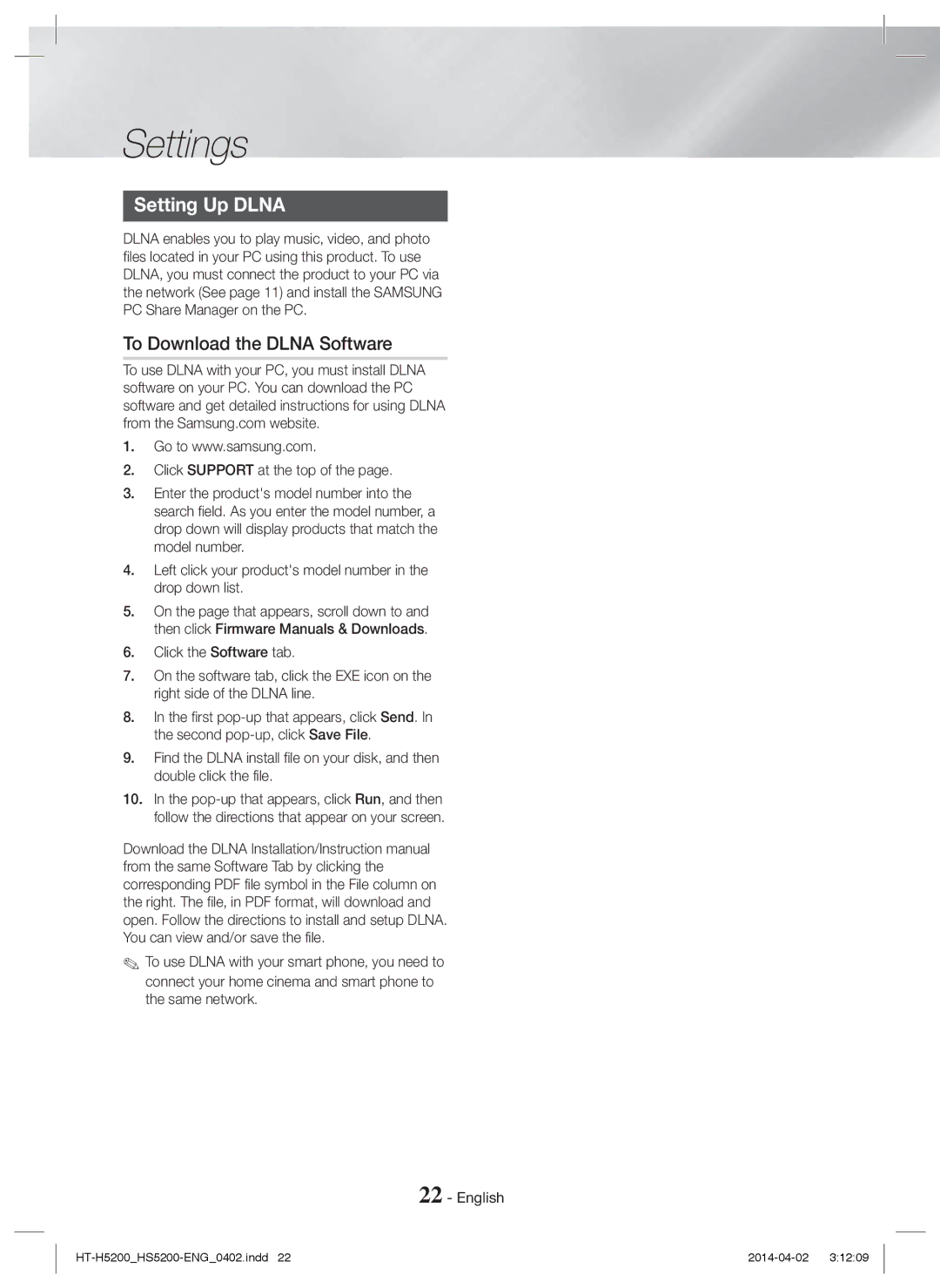 Samsung HT-H5200/XN, HT-HS5200/EN, HT-H5200/EN, HT-HS5200/ZF, HT-H5200/ZF manual Setting Up Dlna, To Download the Dlna Software 