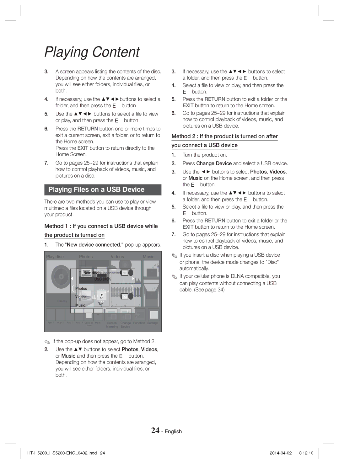 Samsung HT-HS5200/EN manual Playing Files on a USB Device, Select a file to view or play, and then press the E button 