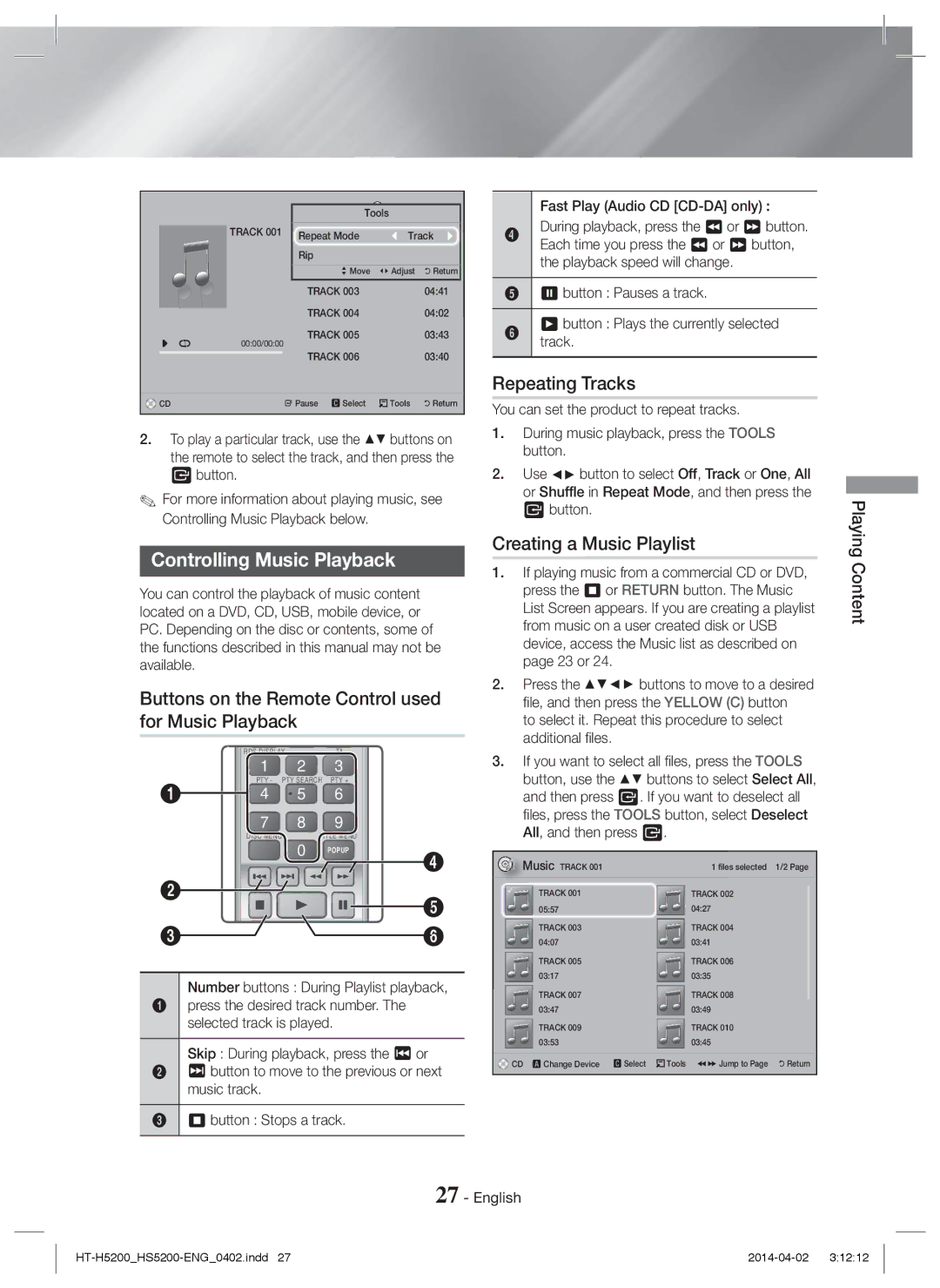 Samsung HT-H5200/ZF Controlling Music Playback, Buttons on the Remote Control used for Music Playback, Repeating Tracks 