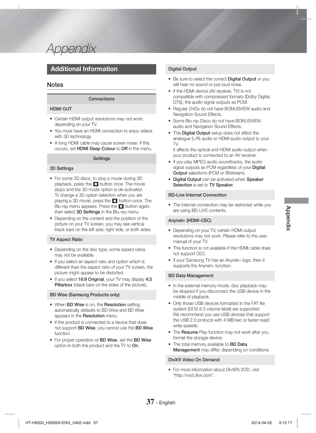 Samsung HT-HS5200/XN, HT-HS5200/EN, HT-H5200/EN, HT-HS5200/ZF, HT-H5200/ZF manual Appendix, Additional Information, Hdmi OUT 