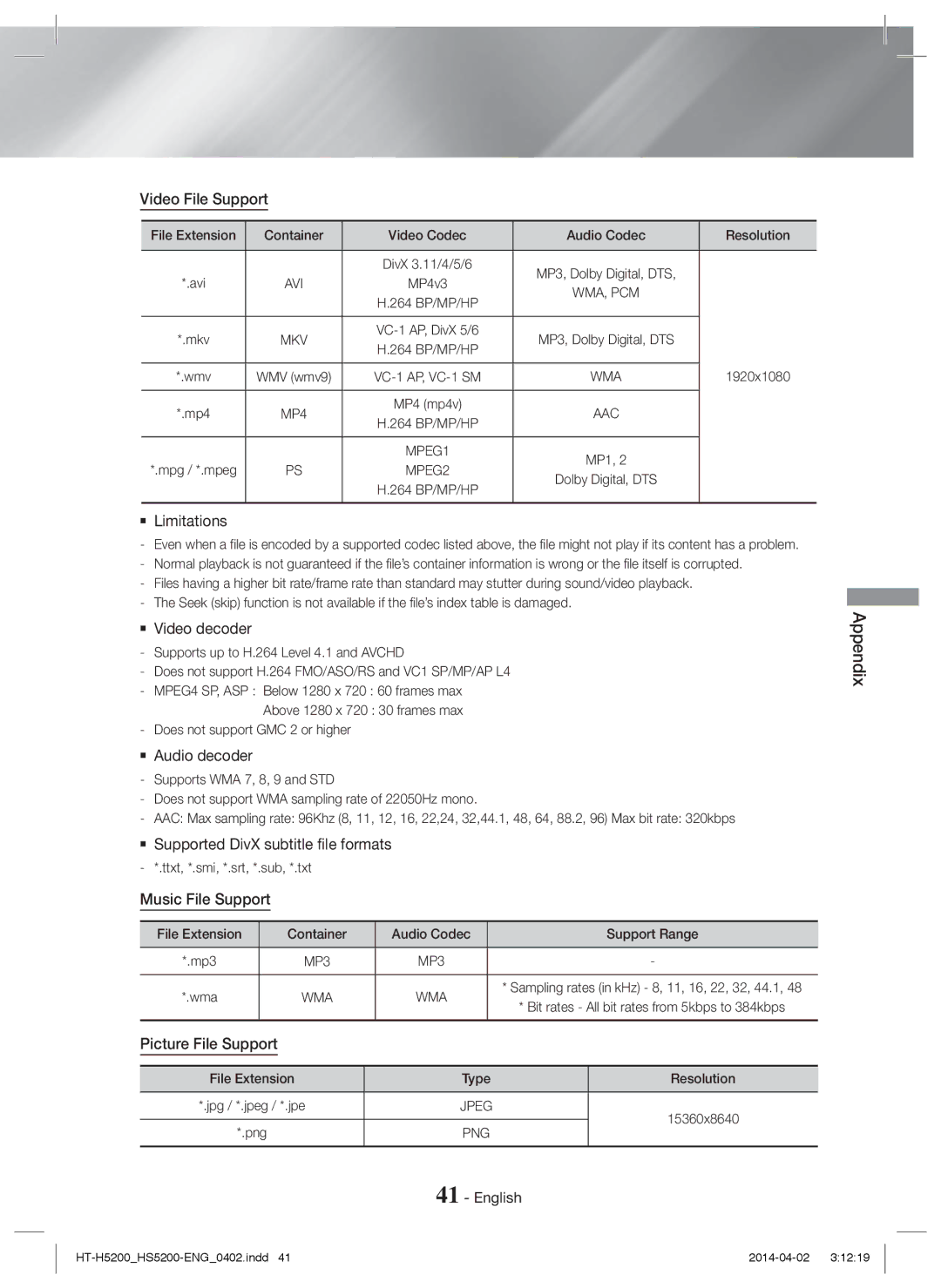 Samsung HT-H5200/EN, HT-HS5200/EN Video File Support,  Limitations,  Video decoder,  Audio decoder, Music File Support 