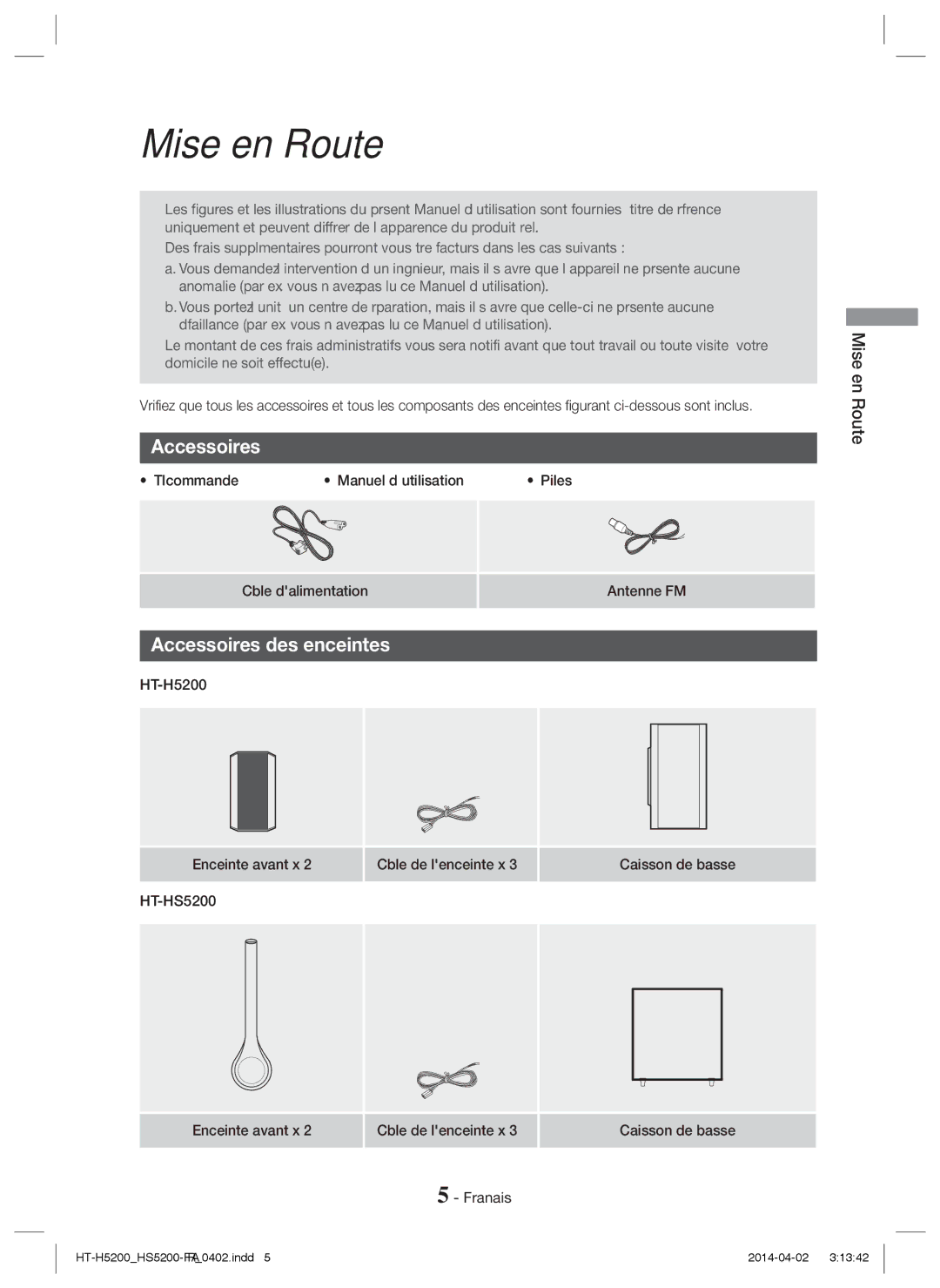 Samsung HT-HS5200/XN, HT-HS5200/EN, HT-H5200/EN, HT-HS5200/ZF, HT-H5200/ZF manual Mise en Route, Accessoires des enceintes 