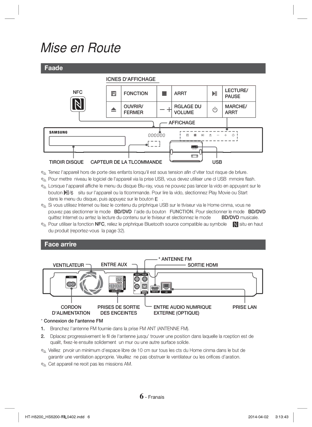 Samsung HT-H5200/XN, HT-HS5200/EN, HT-H5200/EN, HT-HS5200/ZF, HT-H5200/ZF, HT-H5200/XU, HT-HS5200/XN manual Façade, Face arrière 