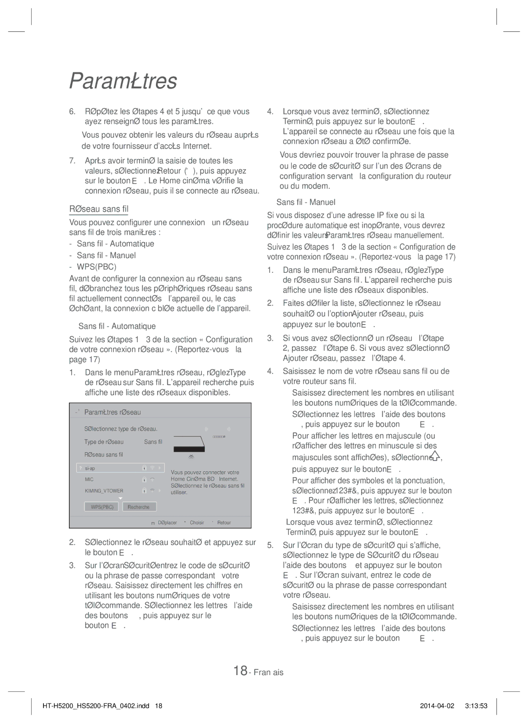 Samsung HT-HS5200/ZF, HT-HS5200/EN, HT-H5200/EN, HT-H5200/ZF, HT-H5200/XU, HT-HS5200/XN, HT-H5200/XN manual Réseau sans fil 