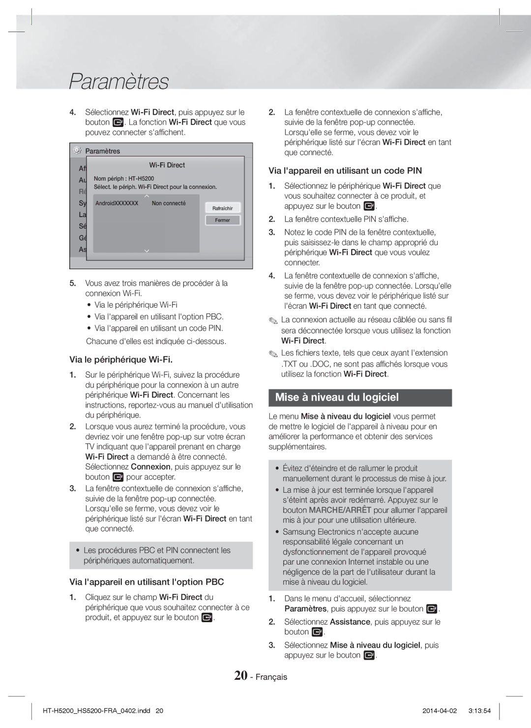 Samsung HT-H5200/XU manual Mise à niveau du logiciel, Via le périphérique Wi-Fi, Via lappareil en utilisant loption PBC 