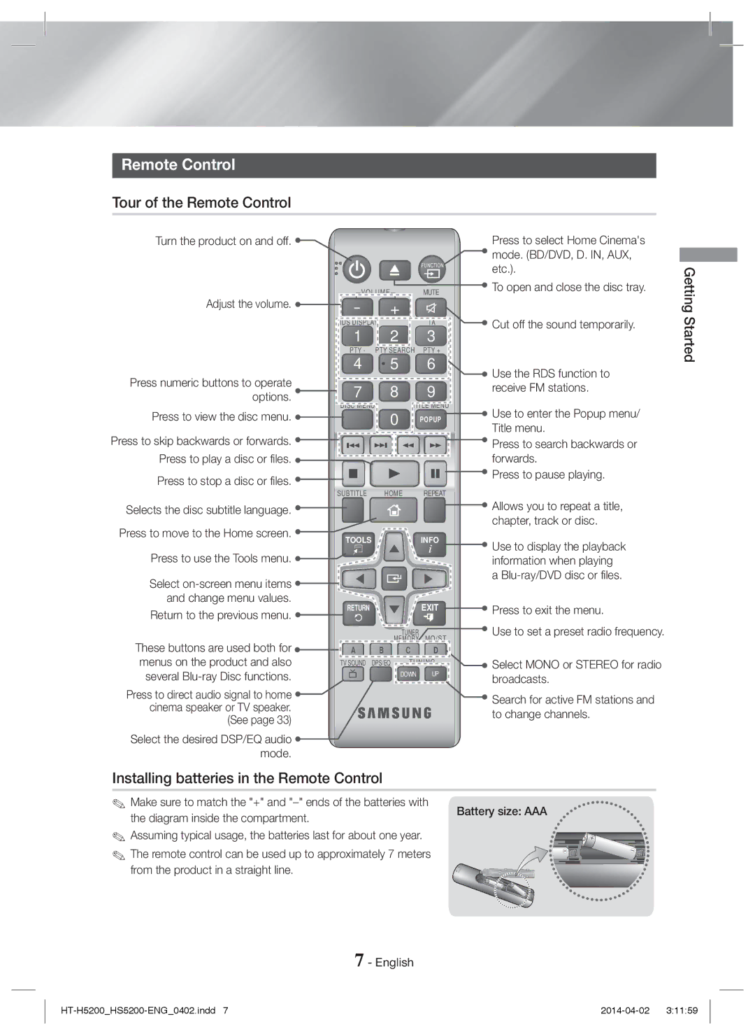 Samsung HT-H5200/XE, HT-HS5200/EN, HT-H5200/EN Tour of the Remote Control, Installing batteries in the Remote Control 