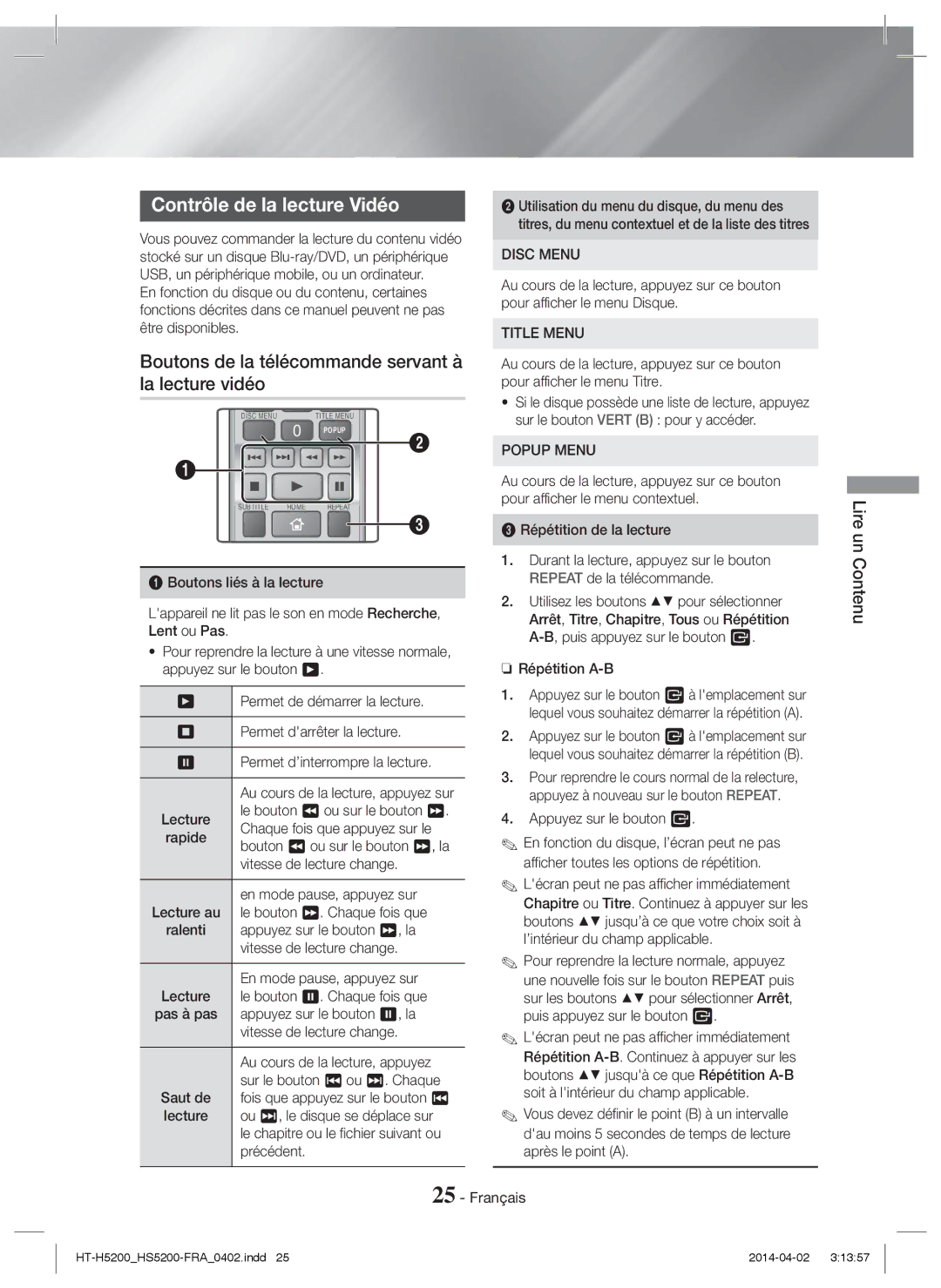 Samsung HT-H5200/EN, HT-HS5200/EN manual Contrôle de la lecture Vidéo, Boutons de la télécommande servant à la lecture vidéo 