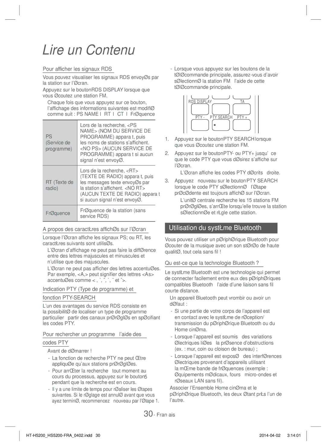 Samsung HT-H5200/XN, HT-HS5200/EN, HT-H5200/EN, HT-HS5200/ZF, HT-H5200/ZF, HT-H5200/XU manual Utilisation du système Bluetooth 