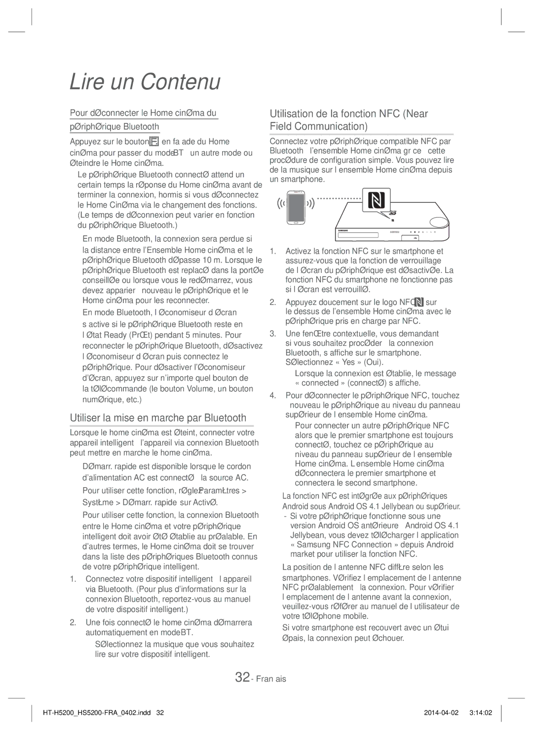 Samsung HT-HS5200/EN Utiliser la mise en marche par Bluetooth, Utilisation de la fonction NFC Near Field Communication 