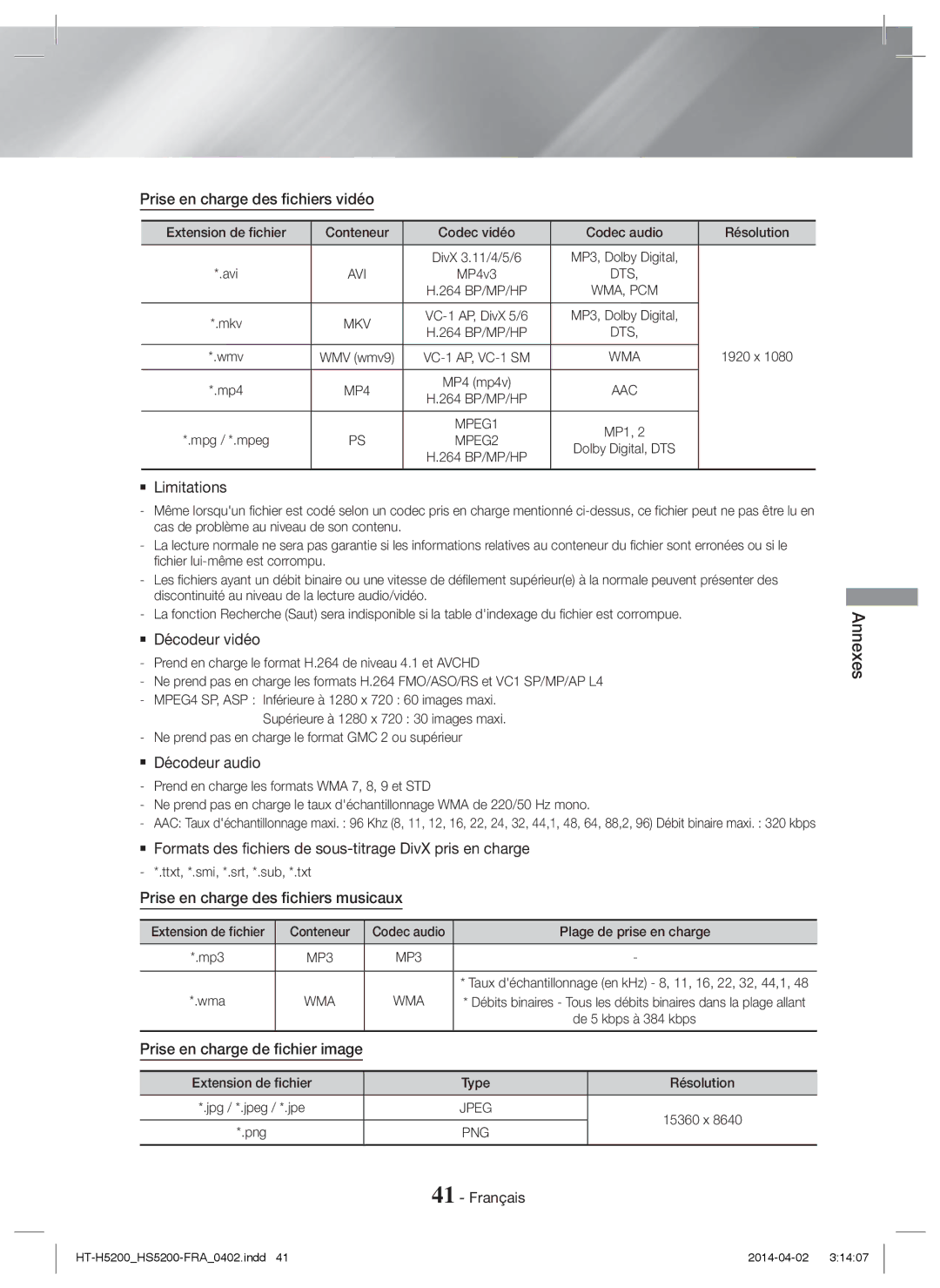 Samsung HT-H5200/EN, HT-HS5200/EN, HT-HS5200/ZF manual Prise en charge des fichiers vidéo,  Décodeur vidéo,  Décodeur audio 