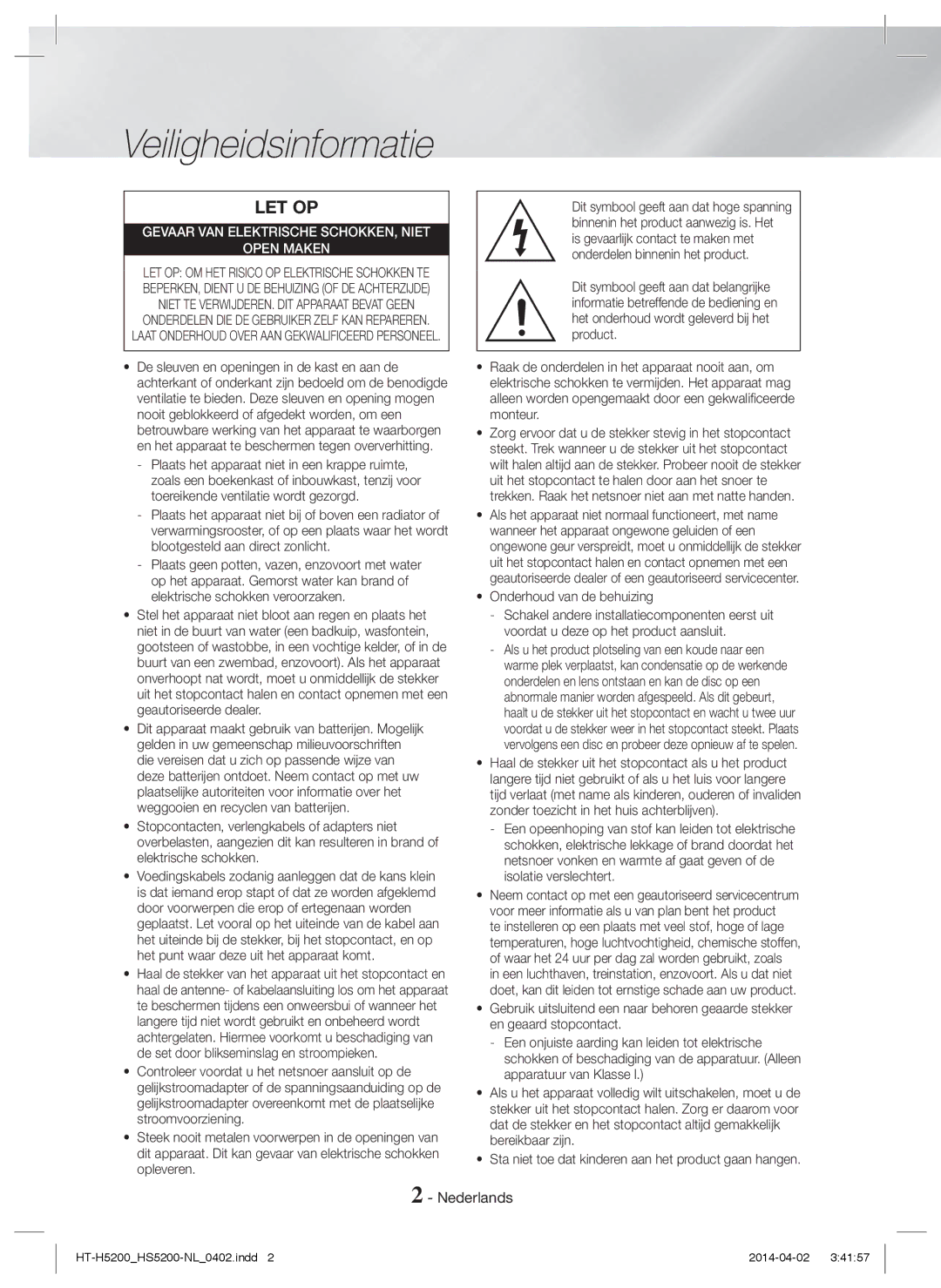 Samsung HT-HS5200/ZF, HT-HS5200/EN, HT-H5200/EN, HT-H5200/ZF, HT-H5200/XU, HT-HS5200/XN manual Veiligheidsinformatie, Nederlands 