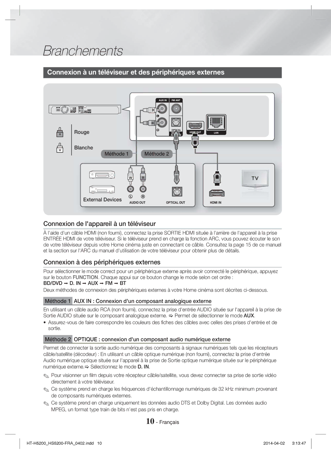 Samsung HT-HS5200/ZF manual Connexion à un téléviseur et des périphériques externes, Connexion de lappareil à un téléviseur 