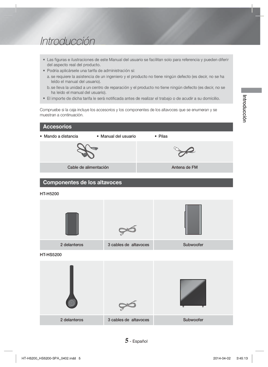 Samsung HT-H5200/EN, HT-HS5200/EN, HT-HS5200/ZF, HT-H5200/ZF manual Introducción, Accesorios, Componentes de los altavoces 