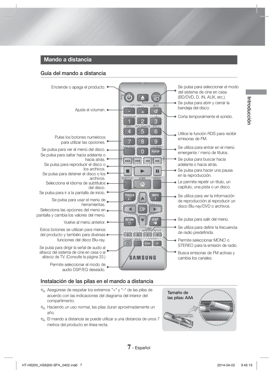 Samsung HT-H5200/ZF manual Mando a distancia, Guía del mando a distancia, Instalación de las pilas en el mando a distancia 