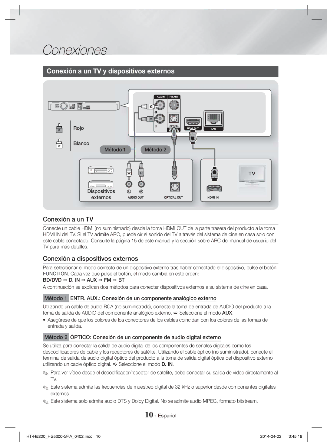 Samsung HT-HS5200/ZF, HT-HS5200/EN, HT-H5200/EN Conexión a un TV y dispositivos externos, Conexión a dispositivos externos 