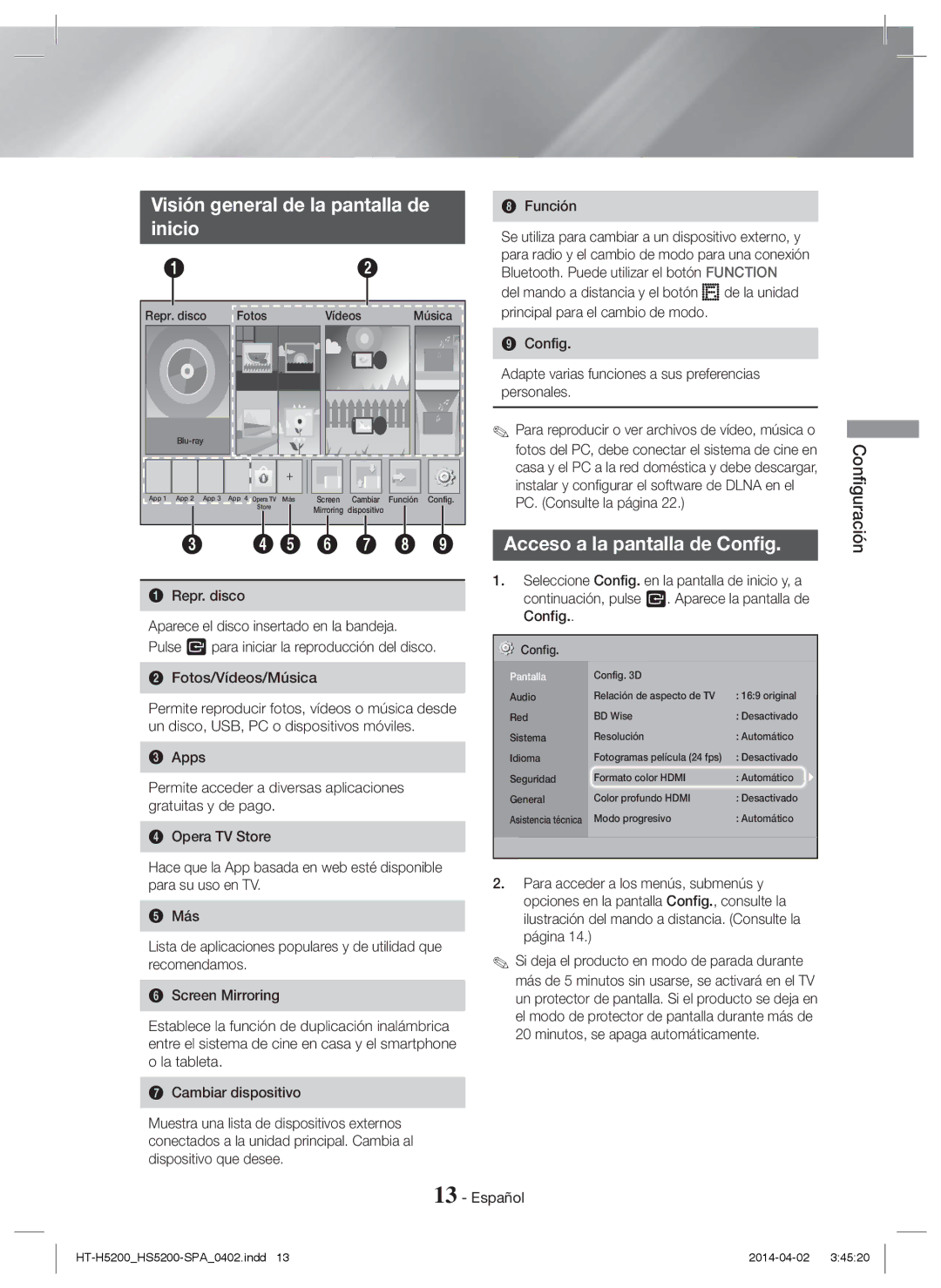 Samsung HT-H5200/EN, HT-HS5200/EN Visión general de la pantalla de Inicio, Acceso a la pantalla de Config, Configuración 