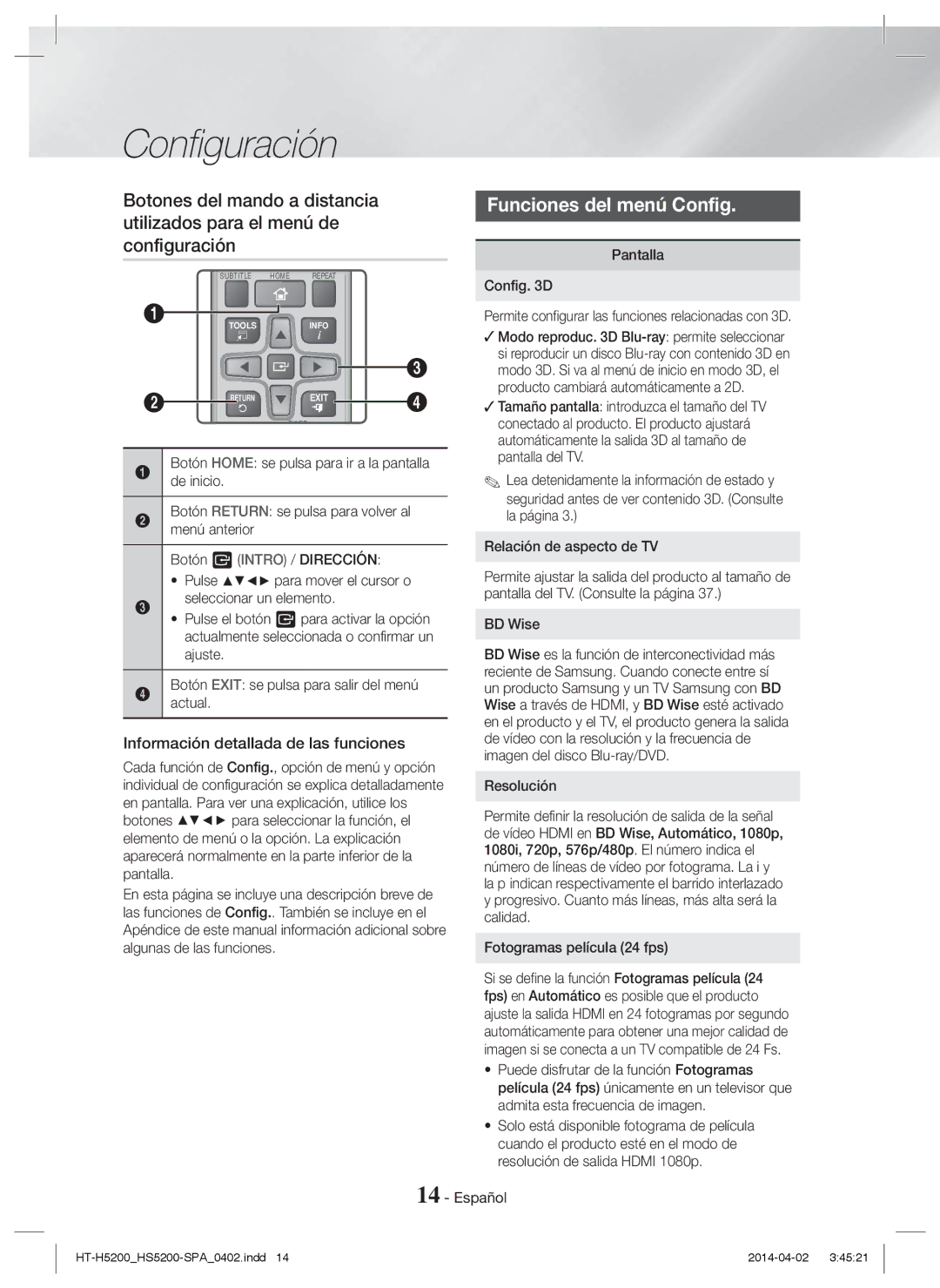 Samsung HT-HS5200/ZF, HT-HS5200/EN Funciones del menú Config, Información detallada de las funciones, Ajuste, Resolución 