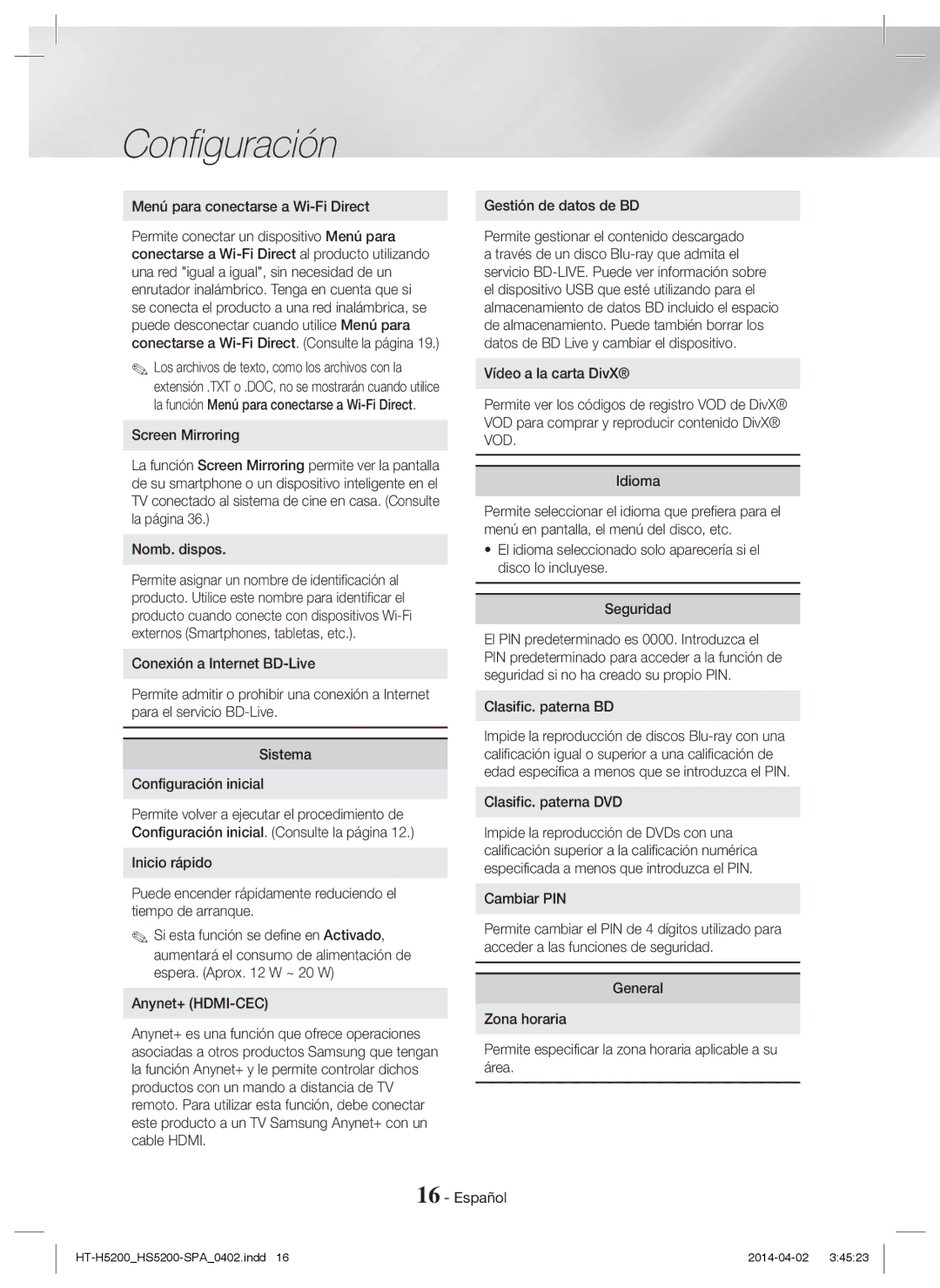 Samsung HT-HS5200/EN manual Menú para conectarse a Wi-Fi Direct, Gestión de datos de BD, Clasific. paterna BD, Cambiar PIN 