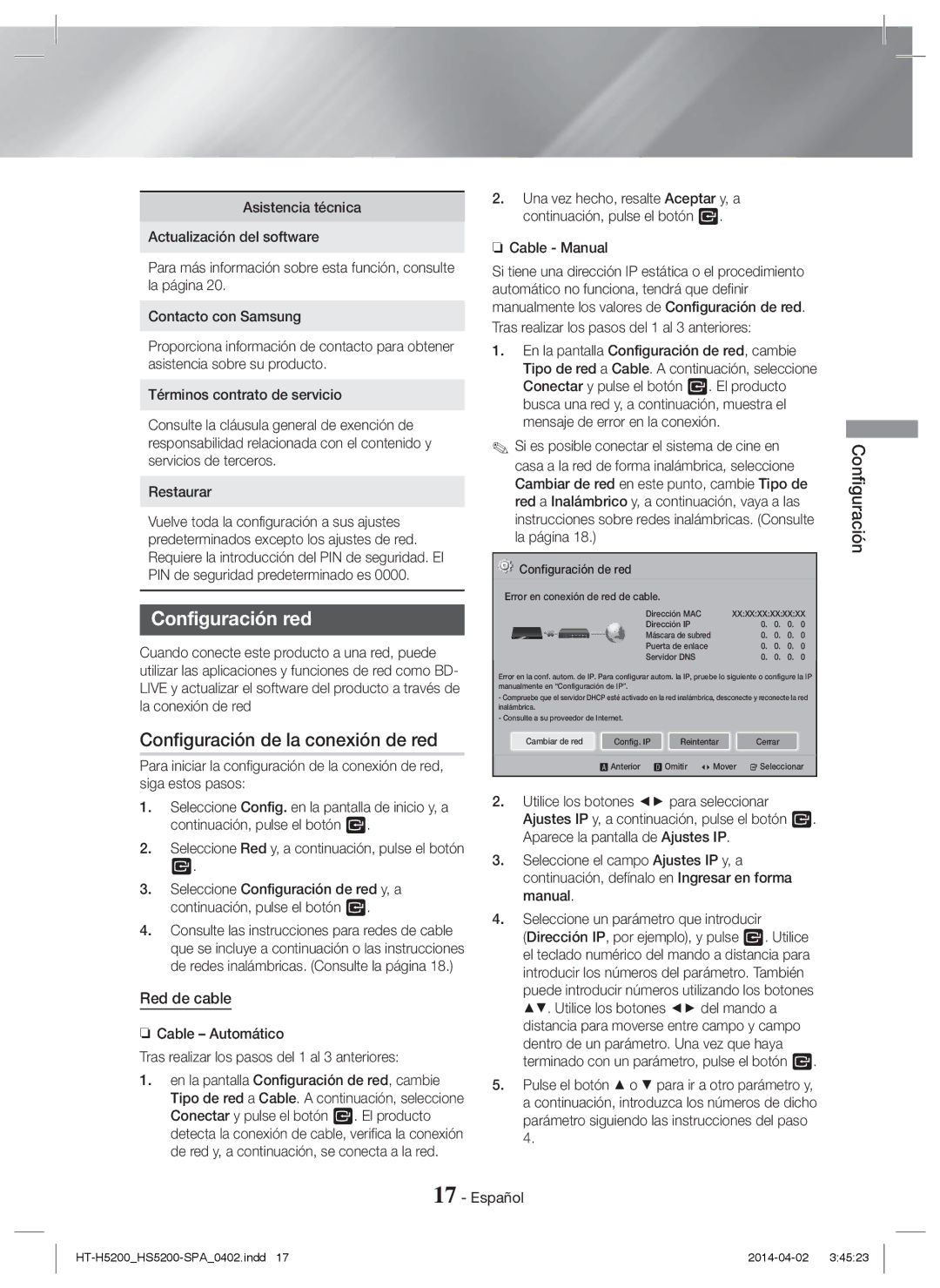 Samsung HT-H5200/EN, HT-HS5200/EN manual Configuración red, Configuración de la conexión de red, Red de cable, Cable Manual 