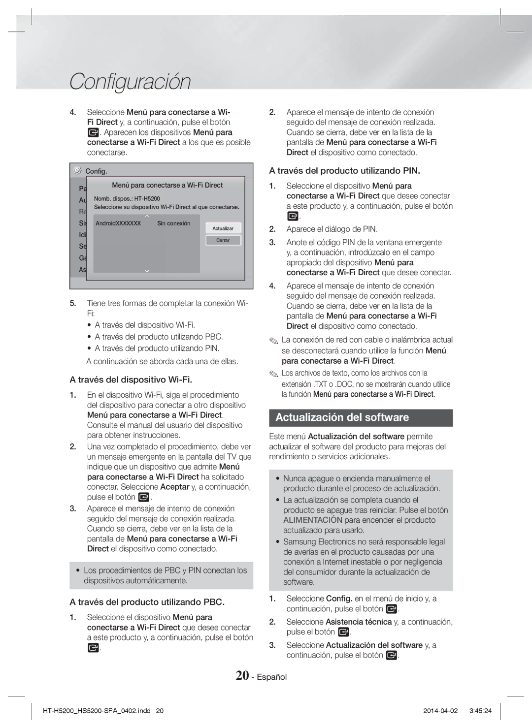 Samsung HT-HS5200/EN manual Actualización del software, Través del dispositivo Wi-Fi, Través del producto utilizando PBC 