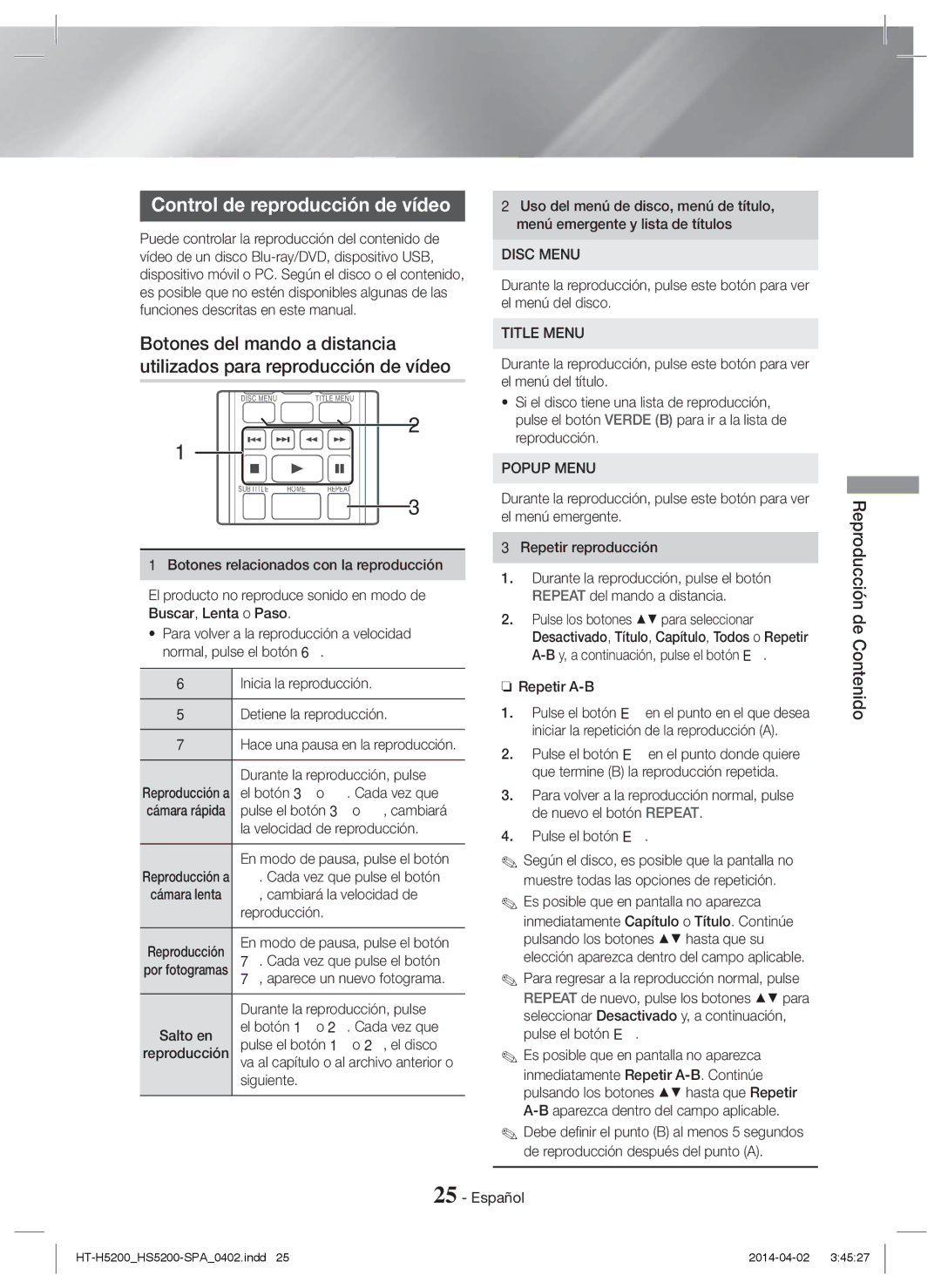 Samsung HT-H5200/EN, HT-HS5200/EN, HT-HS5200/ZF, HT-H5200/ZF manual Control de reproducción de vídeo 