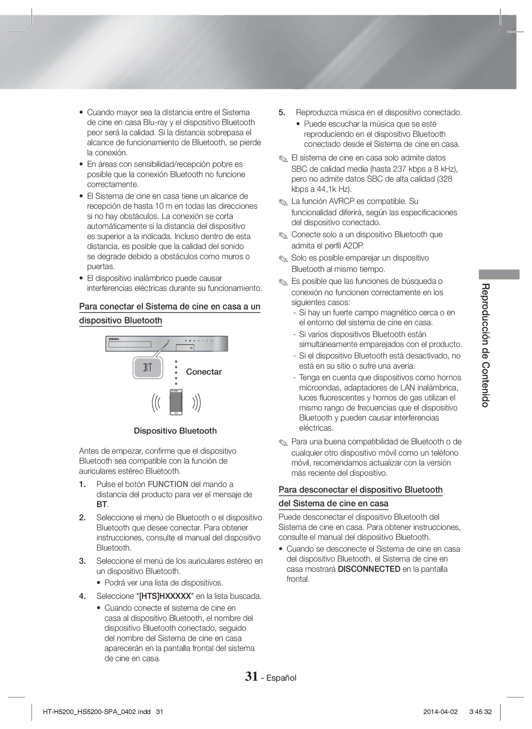 Samsung HT-H5200/ZF, HT-HS5200/EN, HT-H5200/EN, HT-HS5200/ZF manual Conectar Dispositivo Bluetooth 