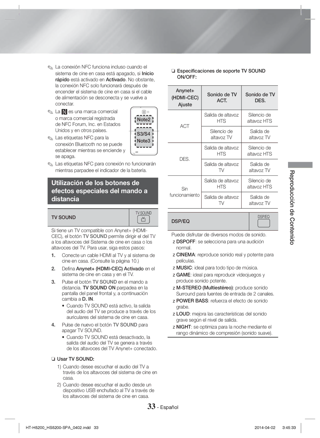 Samsung HT-H5200/EN Las etiquetas NFC para la, Conexión Bluetooth no se puede, Establecer mientras se enciende y Se apaga 