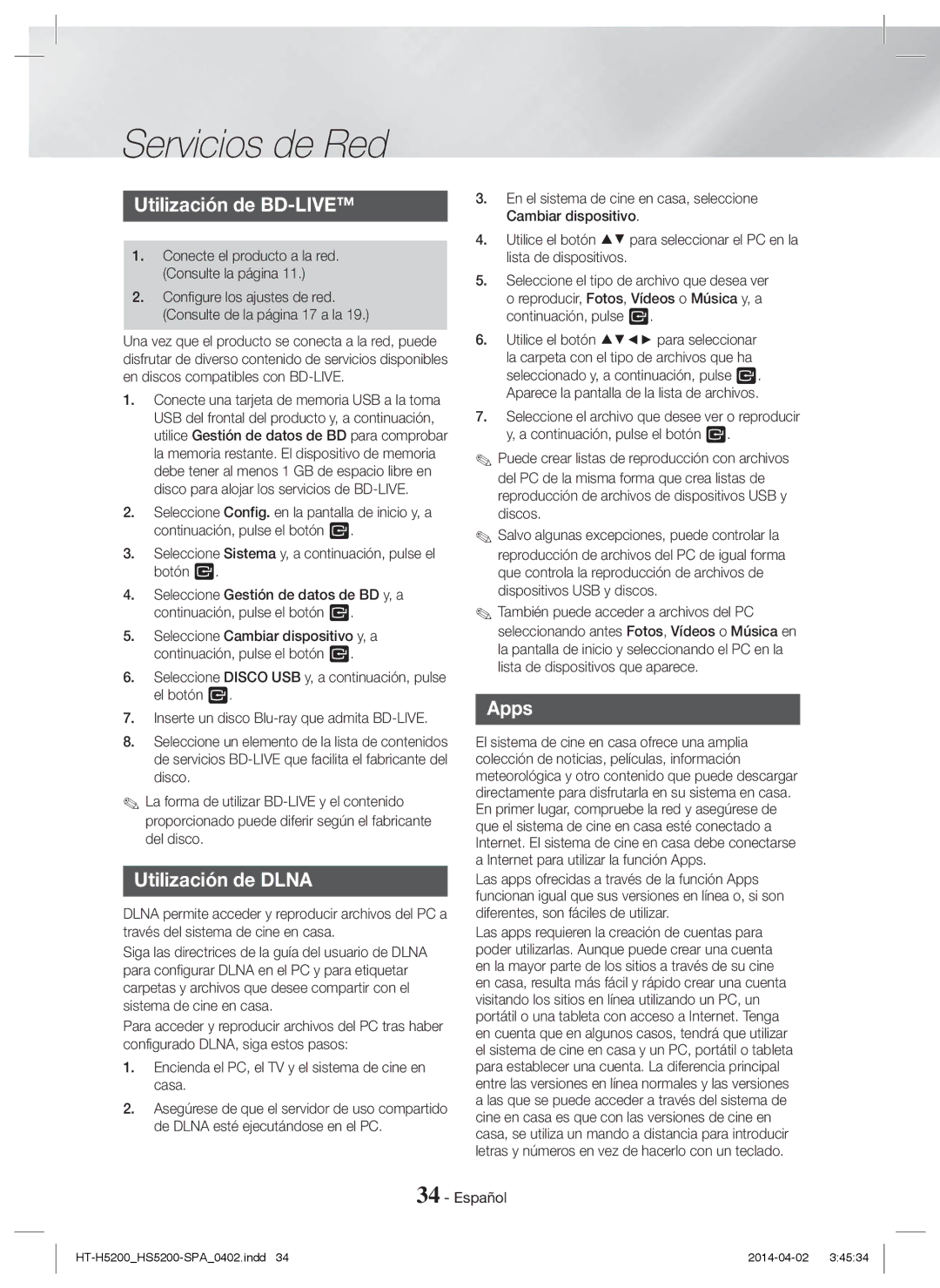 Samsung HT-HS5200/ZF, HT-HS5200/EN, HT-H5200/EN manual Servicios de Red, Utilización de BD-LIVE, Utilización de Dlna, Apps 