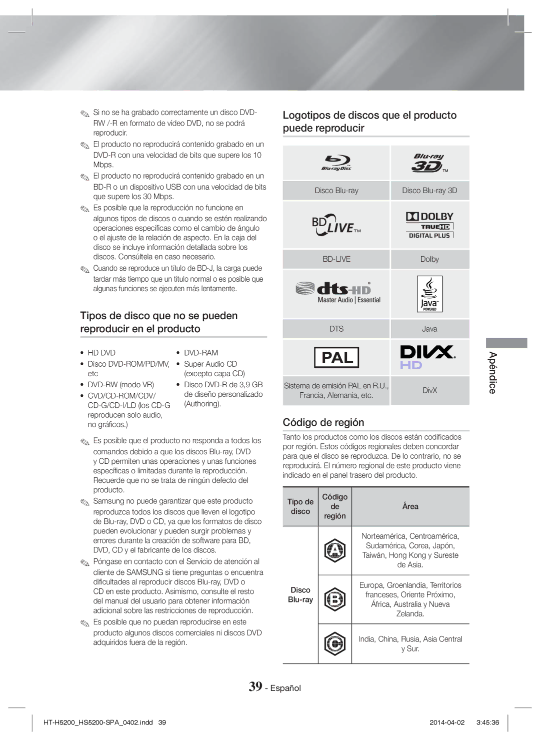 Samsung HT-H5200/ZF, HT-HS5200/EN, HT-H5200/EN Tipos de disco que no se pueden reproducir en el producto, Código de región 