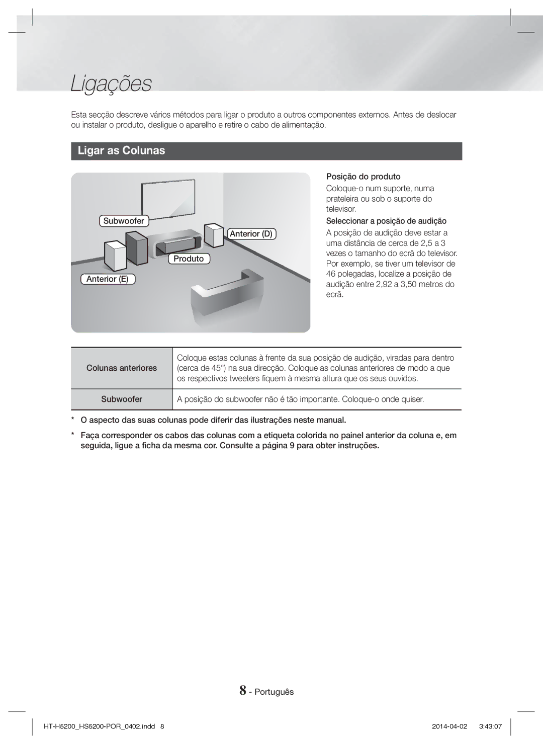 Samsung HT-HS5200/EN, HT-H5200/EN, HT-HS5200/ZF, HT-H5200/ZF manual Ligações, Ligar as Colunas 