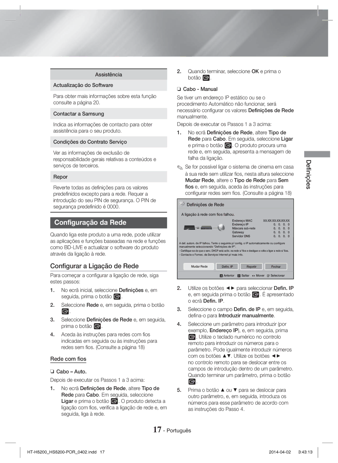 Samsung HT-H5200/EN, HT-HS5200/EN, HT-HS5200/ZF manual Configuração da Rede, Configurar a Ligação de Rede, Rede com fios 