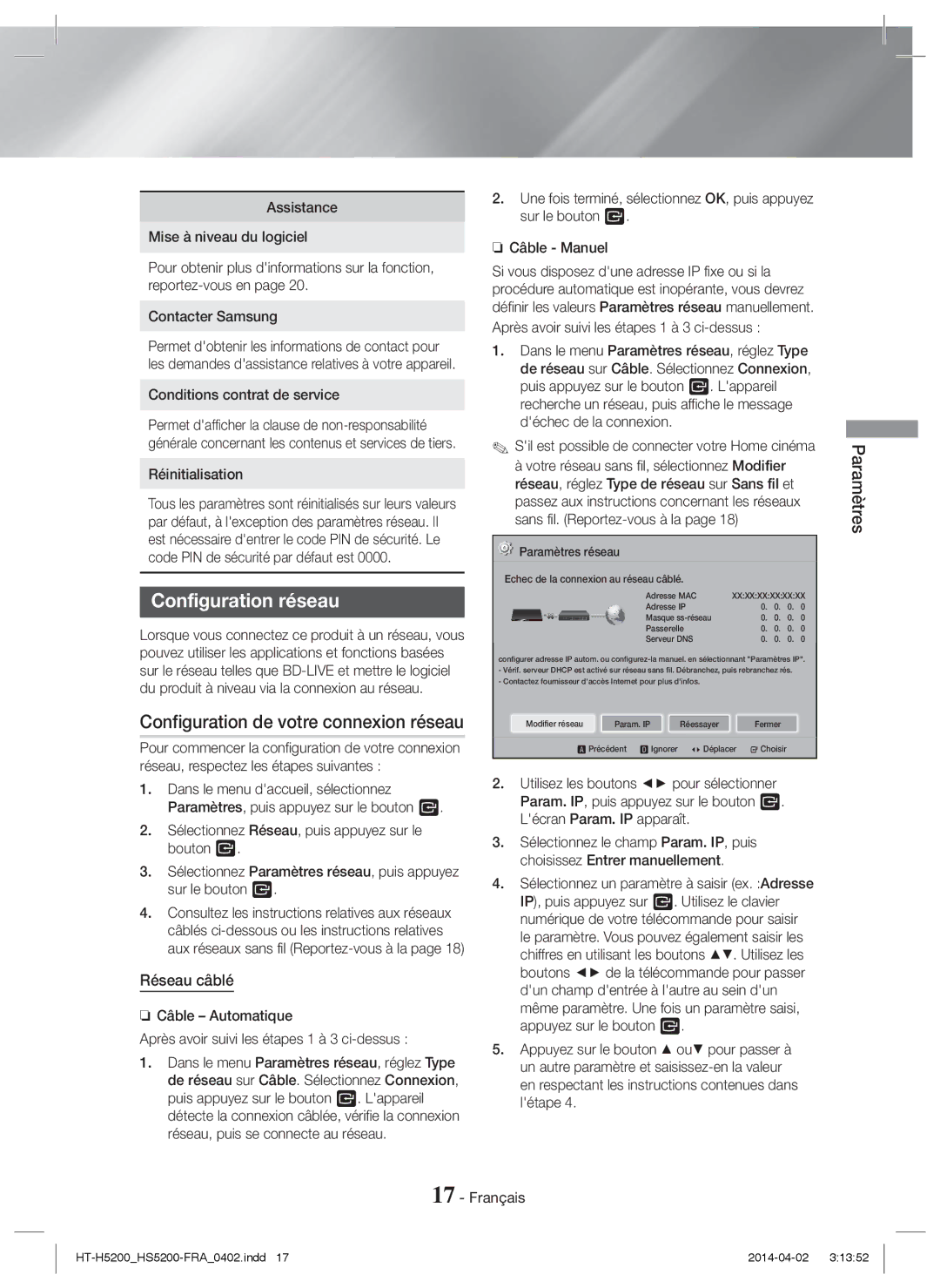 Samsung HT-H5200/EN manual Configuration réseau, Configuration de votre connexion réseau, Réseau câblé, Réinitialisation 