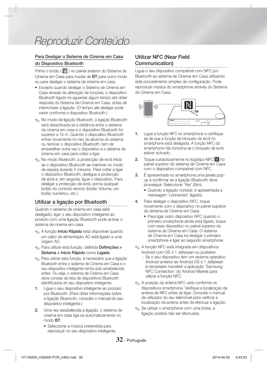 Samsung HT-HS5200/EN, HT-H5200/EN, HT-HS5200/ZF Utilizar a ligação por Bluetooth, Utilizar NFC Near Field Communication 