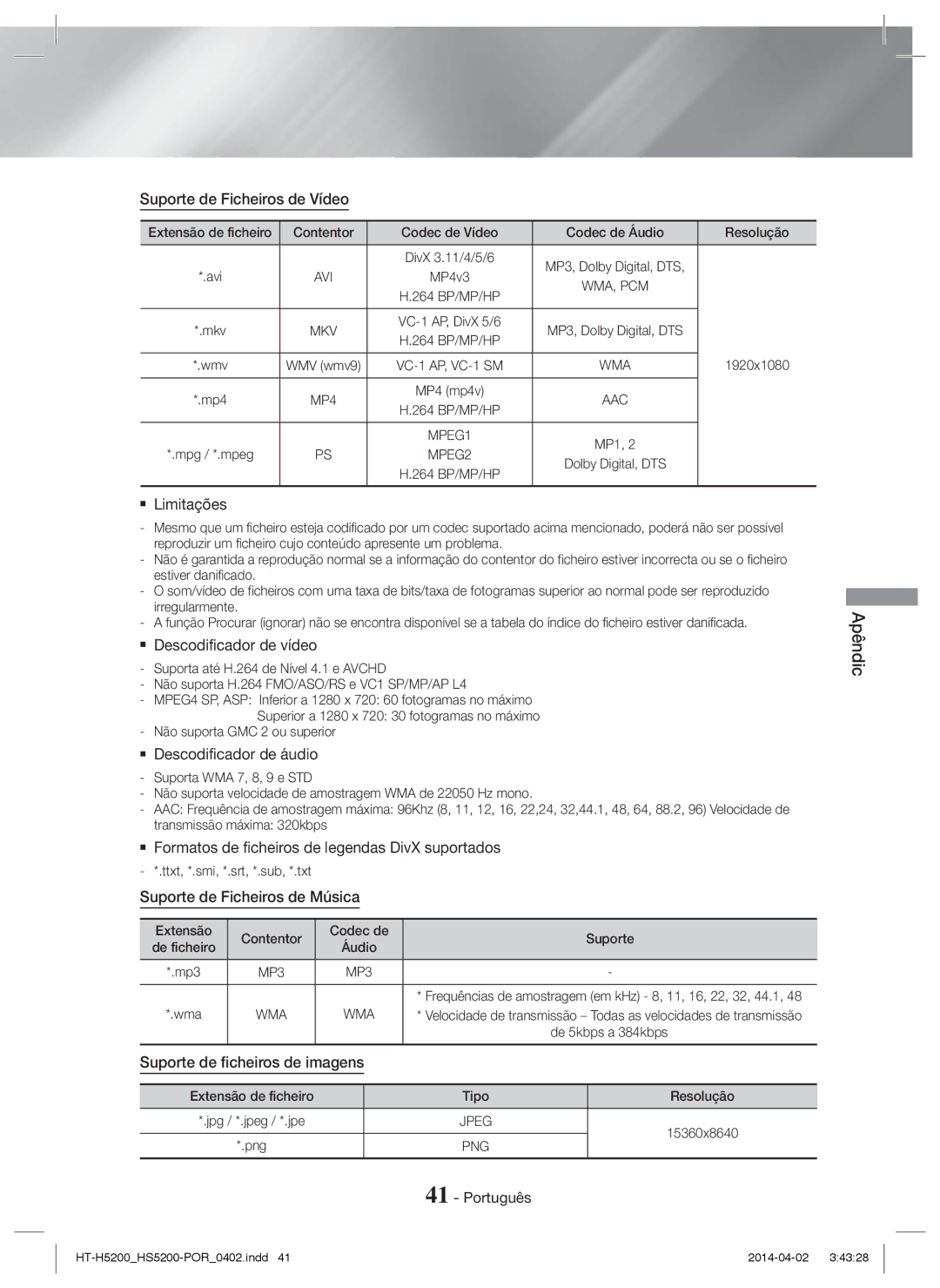 Samsung HT-H5200/EN Suporte de Ficheiros de Vídeo,  Limitações,  Descodificador de áudio, Suporte de Ficheiros de Música 