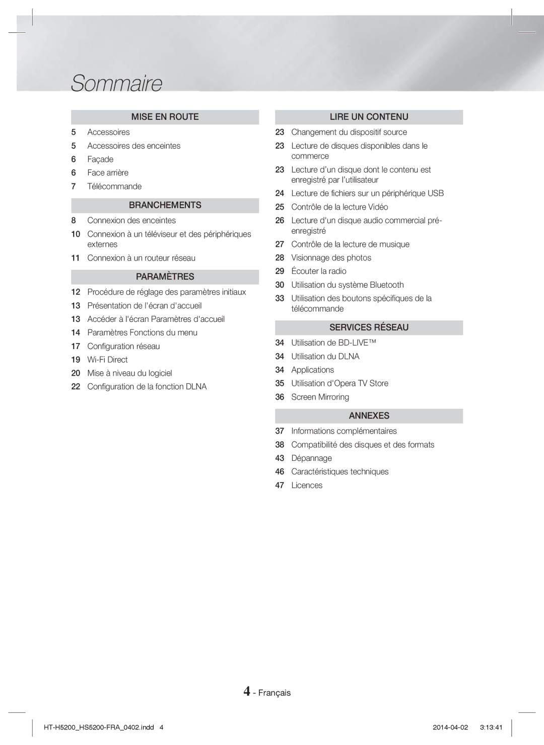 Samsung HT-HS5200/EN, HT-H5200/EN, HT-HS5200/ZF, HT-H5200/ZF manual Sommaire, Branchements 