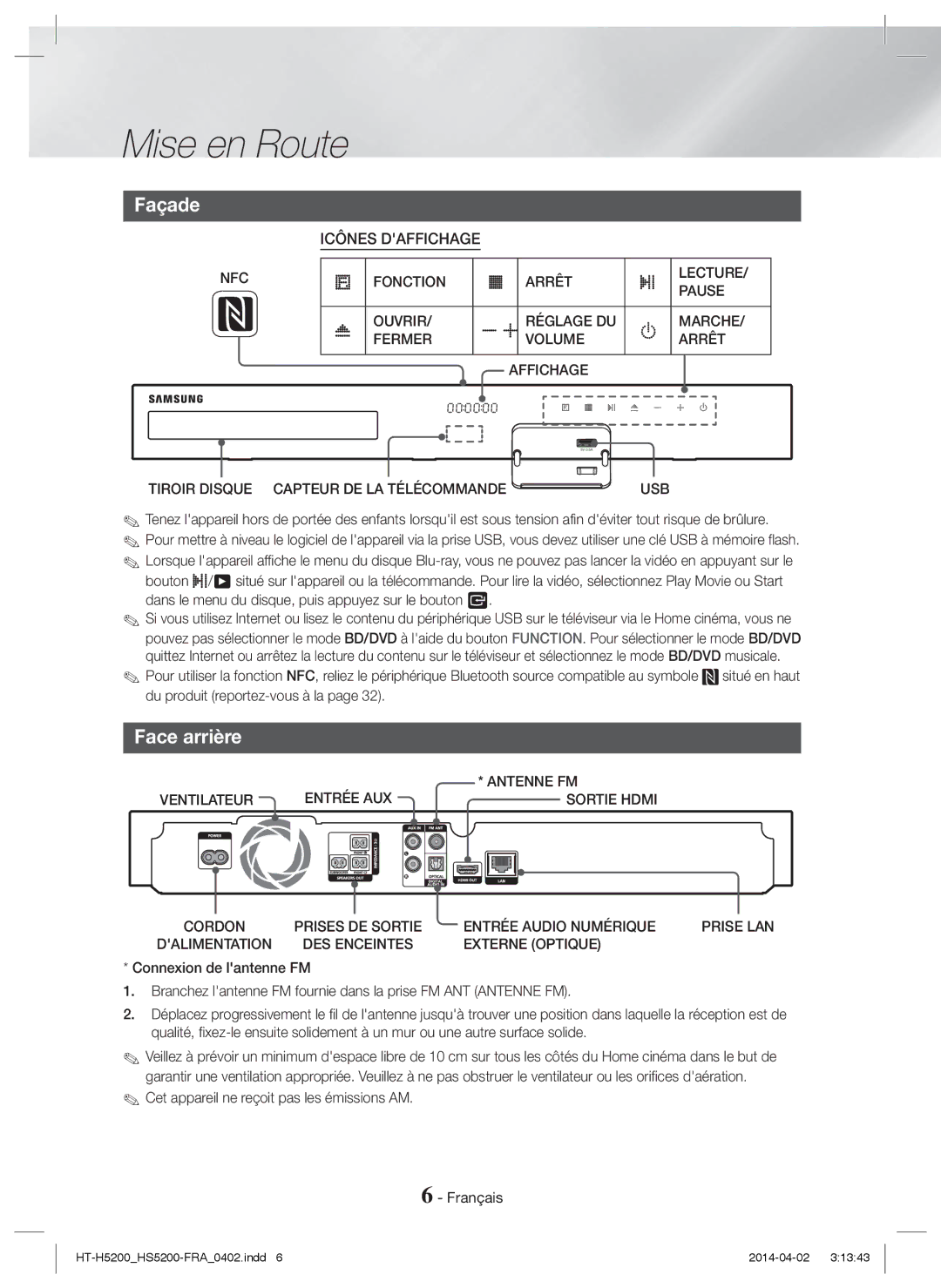 Samsung HT-HS5200/ZF, HT-HS5200/EN, HT-H5200/EN, HT-H5200/ZF manual Façade, Face arrière 