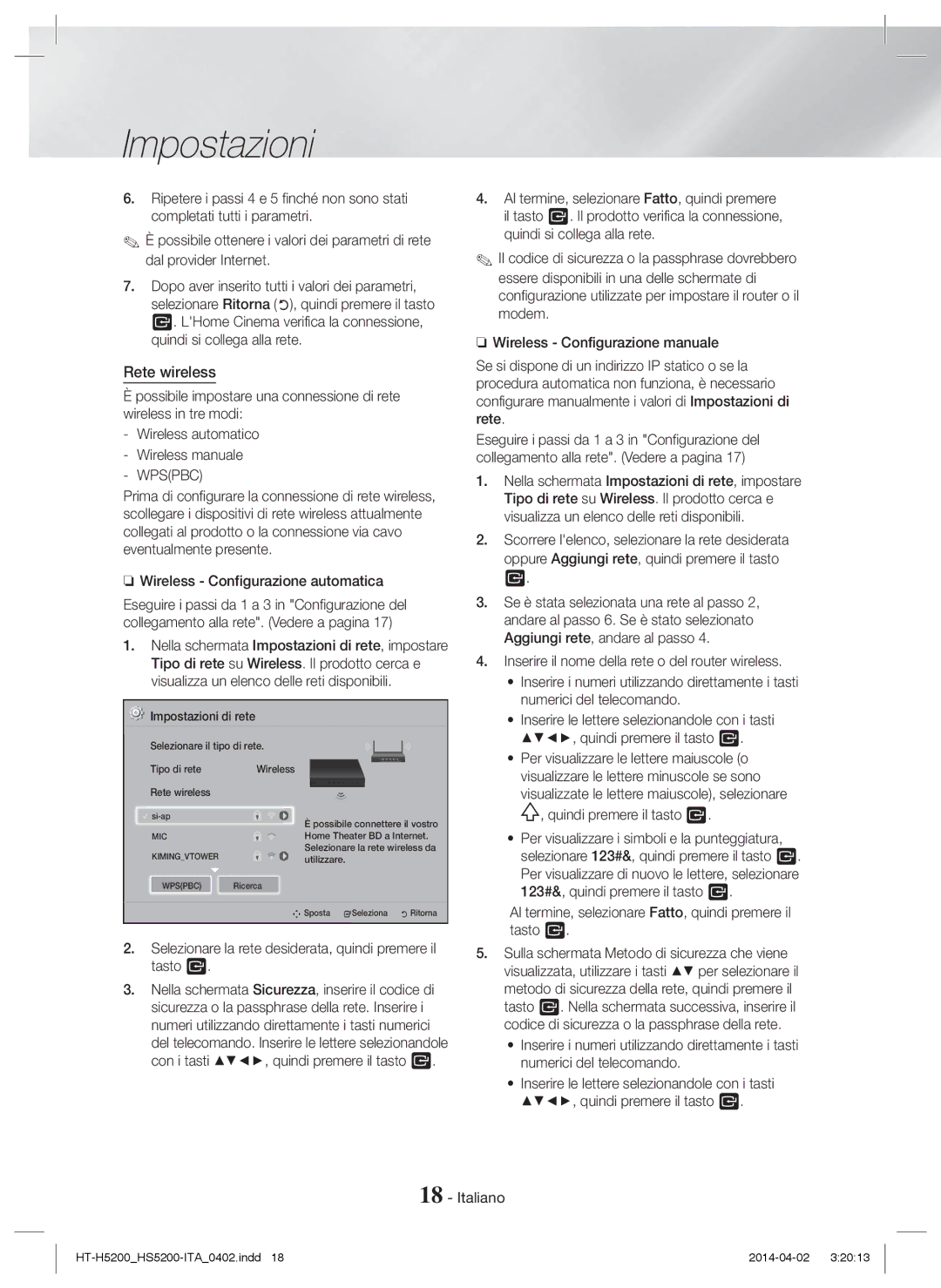 Samsung HT-HS5200/ZF, HT-HS5200/EN, HT-H5200/EN, HT-H5200/ZF manual Rete wireless 